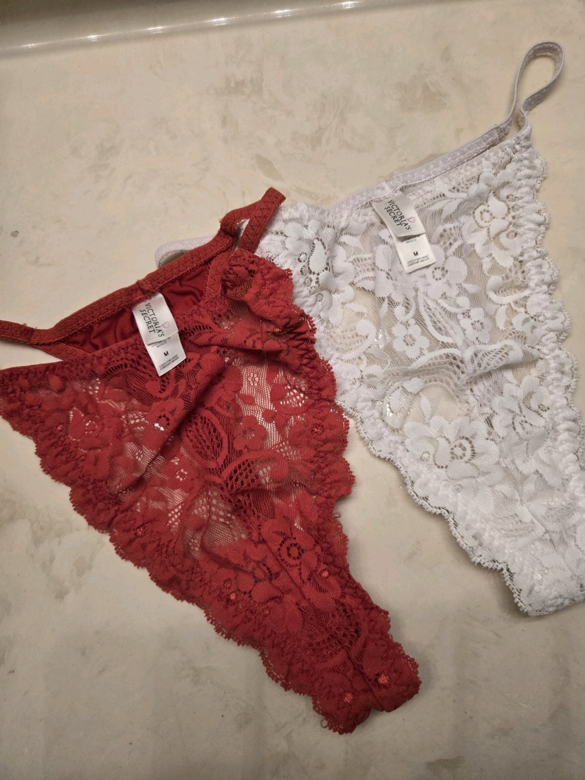 Vintage Victoria’s Secret White/red Lace/nylon Thong x2 Size Medium 1997 bundle