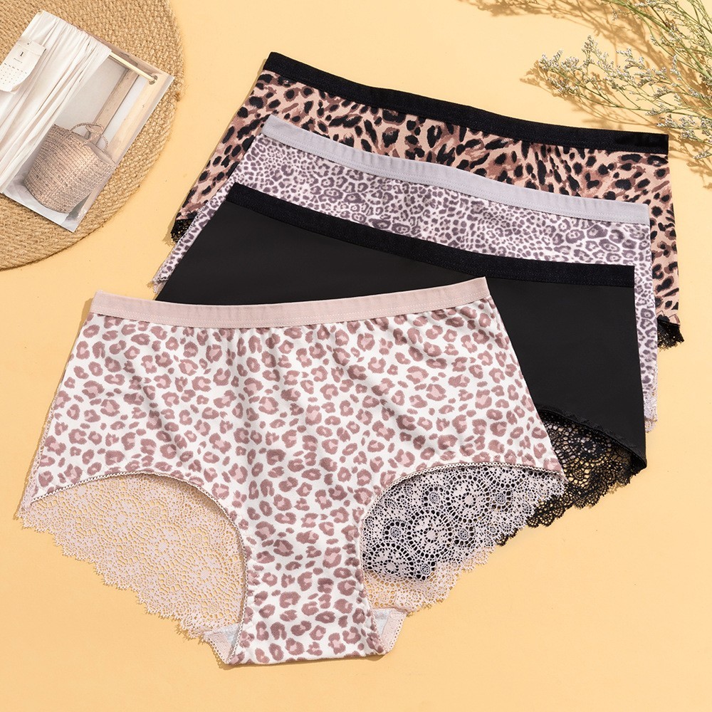 4 Pack Lace Leopard Print Boyshorts Sexy Breathable Animal Print Floral Panties