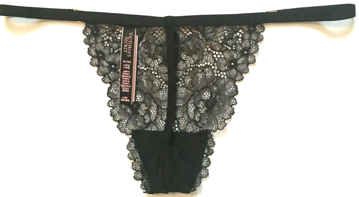 Victorias Secret Very Sexy Black V-String Thong Panties Size L Sheer Lace Logo V