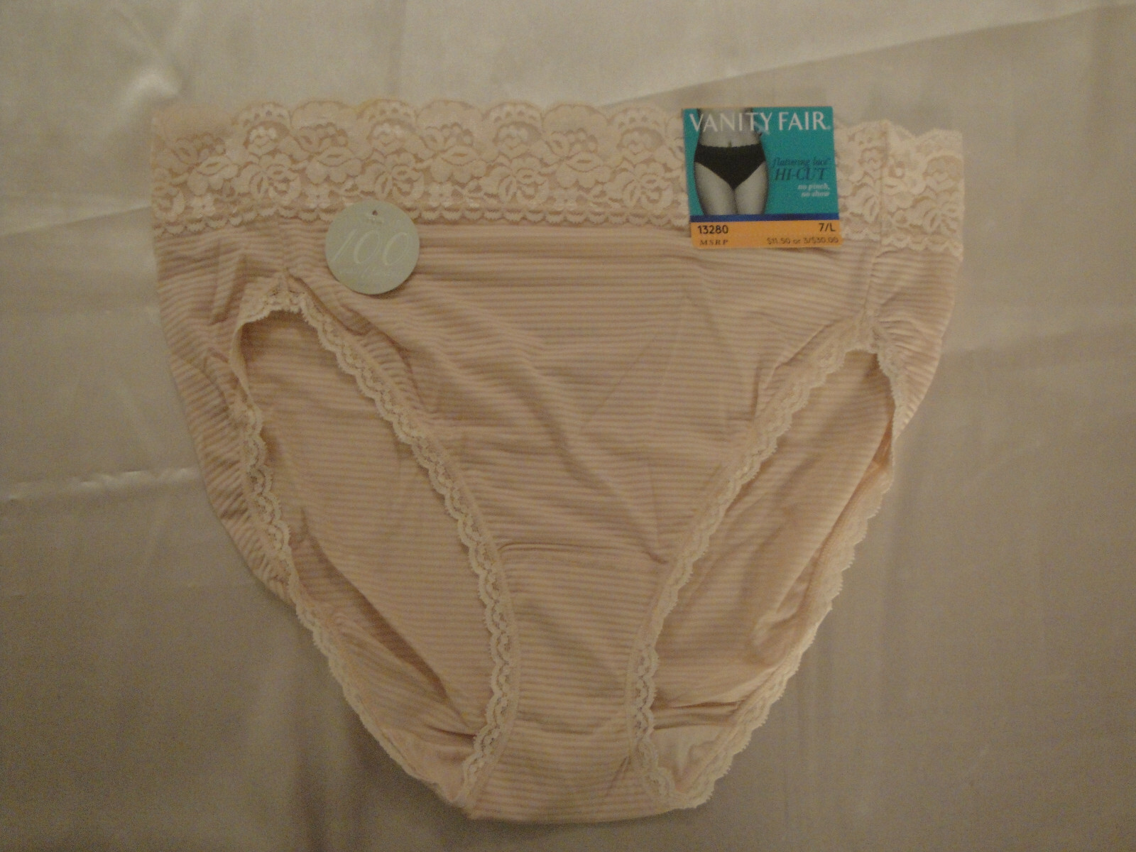1 Pair Vanity Fair Cream Lace Hi-Cut Panty # 13280 SIZE 7/L No pinch / show