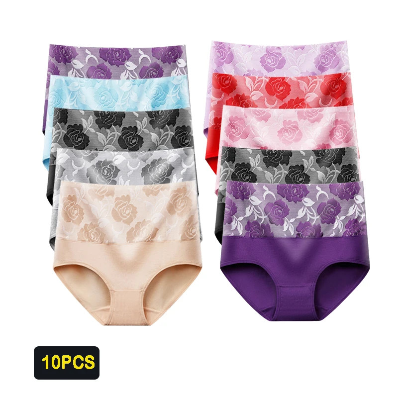 Plus Size High Waist Panties Cotton Women Abdominal Support Full Coverage 10 Pcs