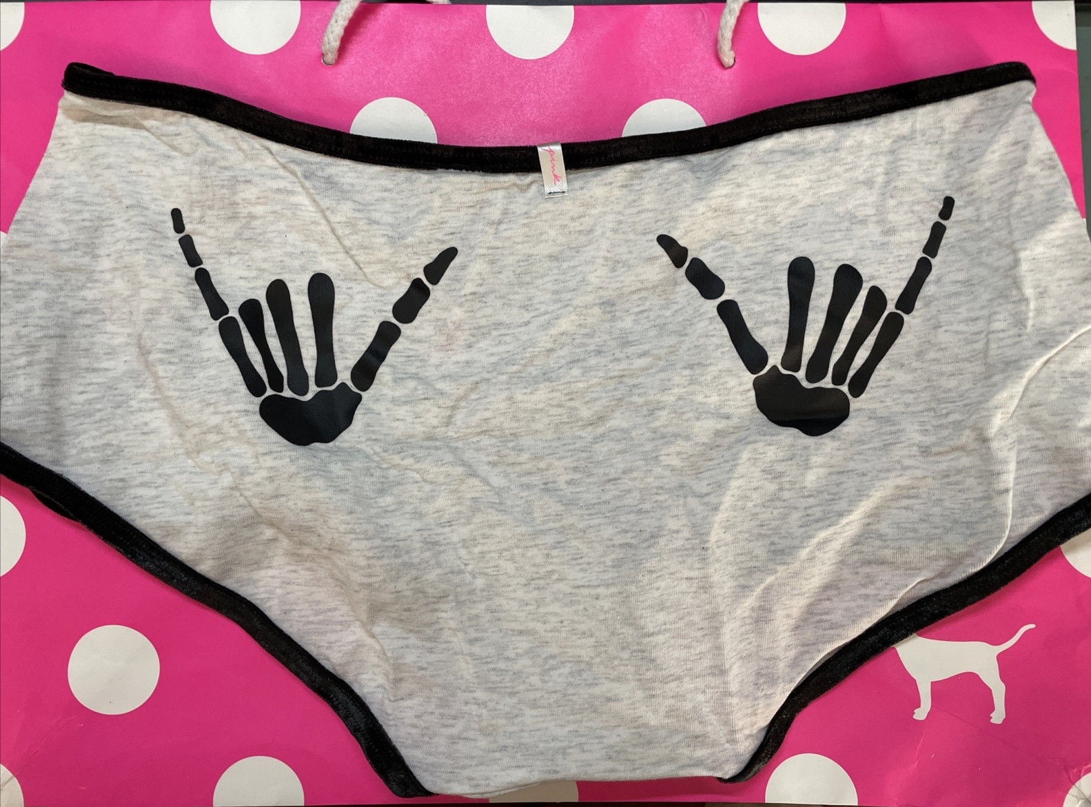 2021 Victoria Secret PINK Velvet Trim Low Boyshort Panties L Skeleton Hands Butt