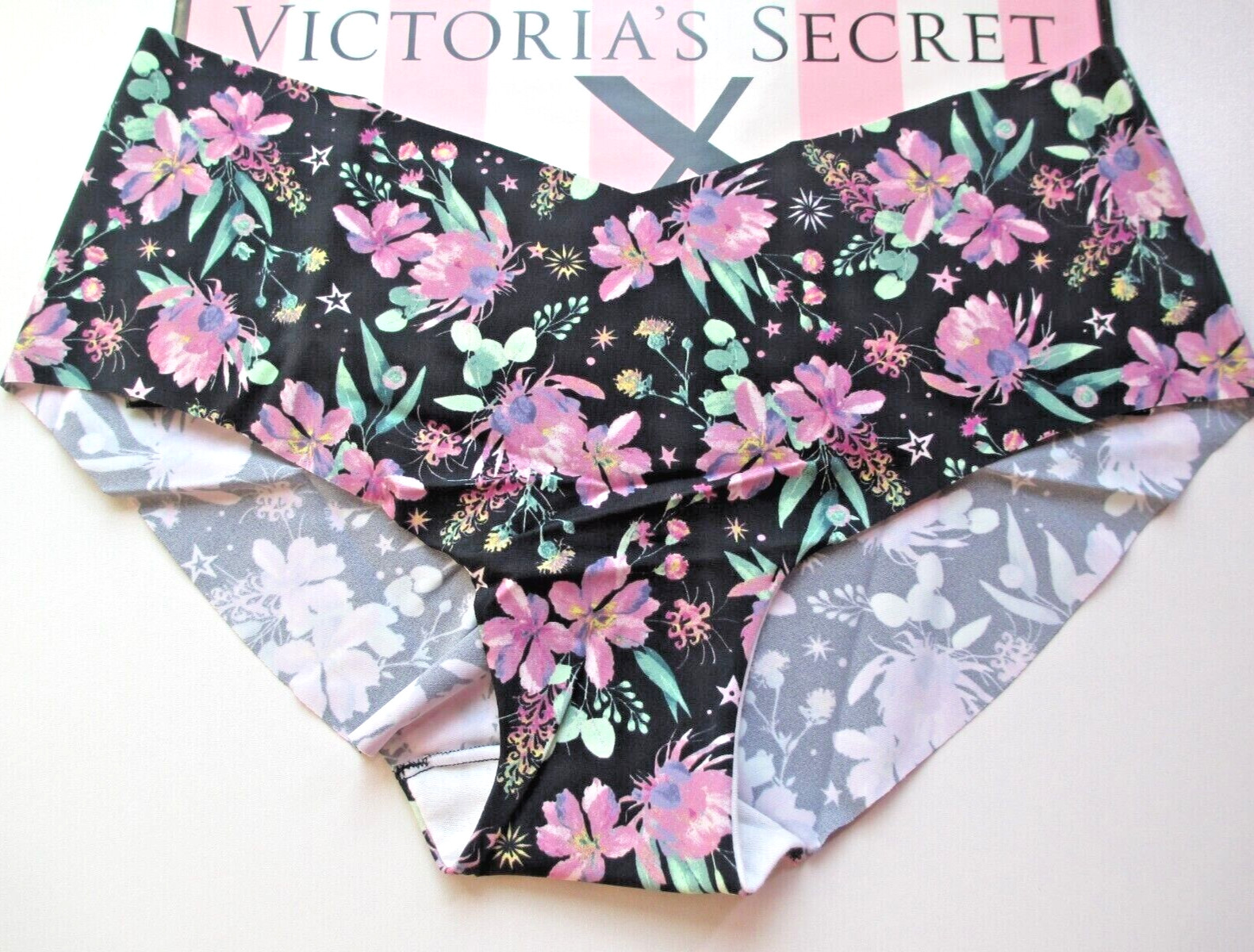 VICTORIA’S SECRET No Show Hiphugger Panty S M XL Black Purple Floral VS NWT