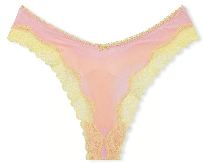 XS Lt Pink Satiny w NEON Citron Lace TEASE Victoria’s Secret HighLeg Thong Panty