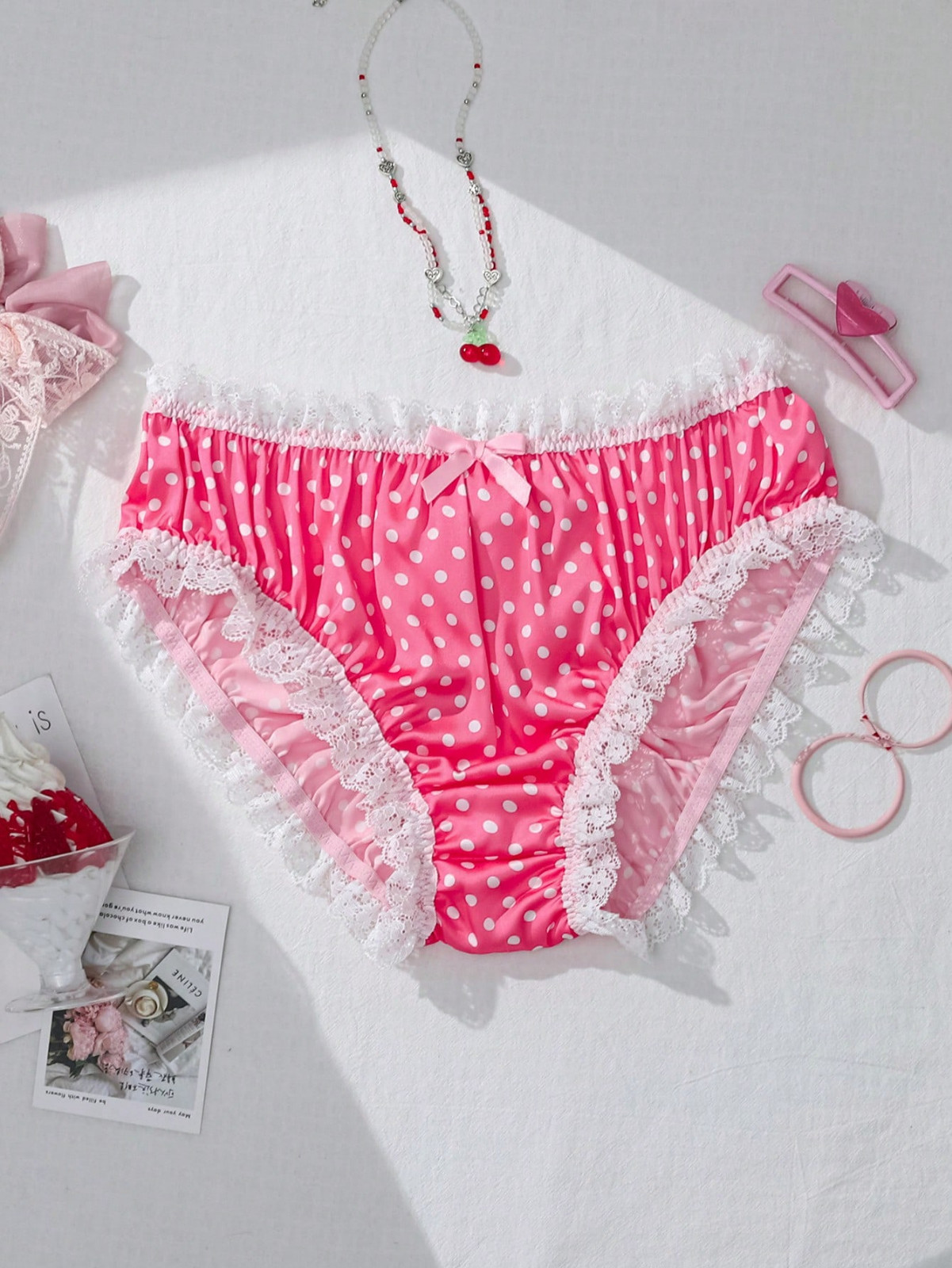 Sissy Polka Dot Pink Open Back Backless Satin Bowknot Lingerie Brief Panty