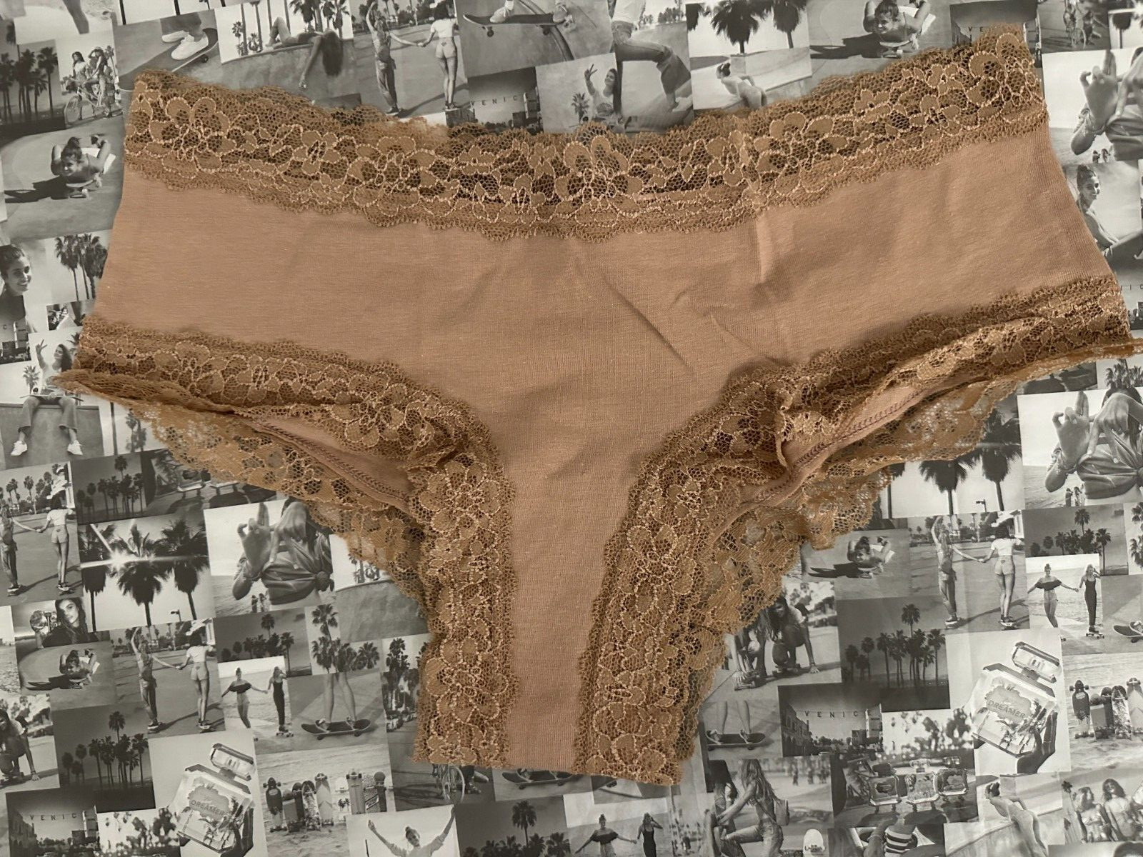 NWT Victoria’s Secret The Lacie Lace-Waist Cotton Cheeky Panty Praline (65H8) L