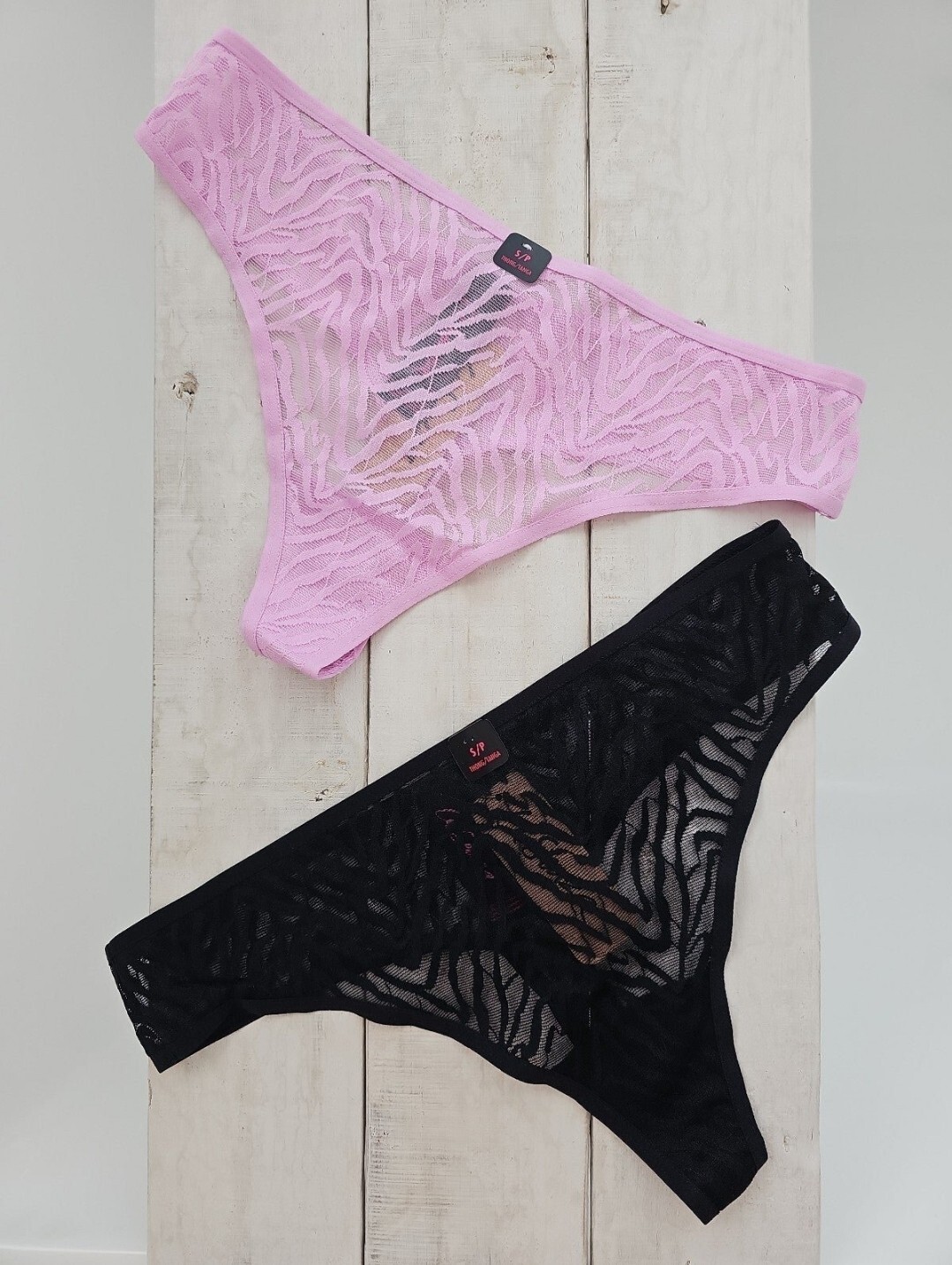 La Senza 2 pair Animal Print Mesh Nylon Thong Panty Black & Lavender Small