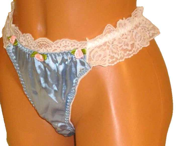 Panties Lingerie Silky Blue White Lace Rose Accent Thong XL Adult Gift
