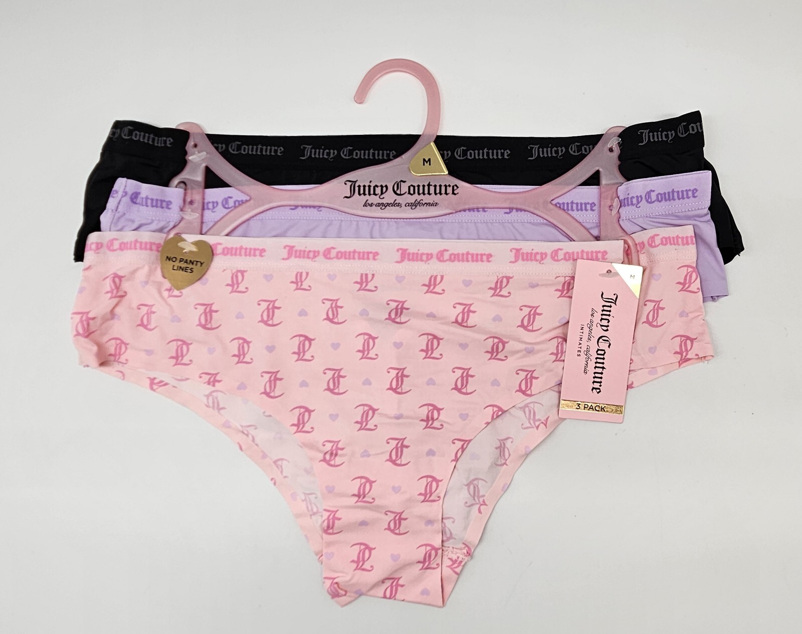 JUICY COUTURE 3 Pack Women M XL Logo No Lines Panties Black Purple Pink