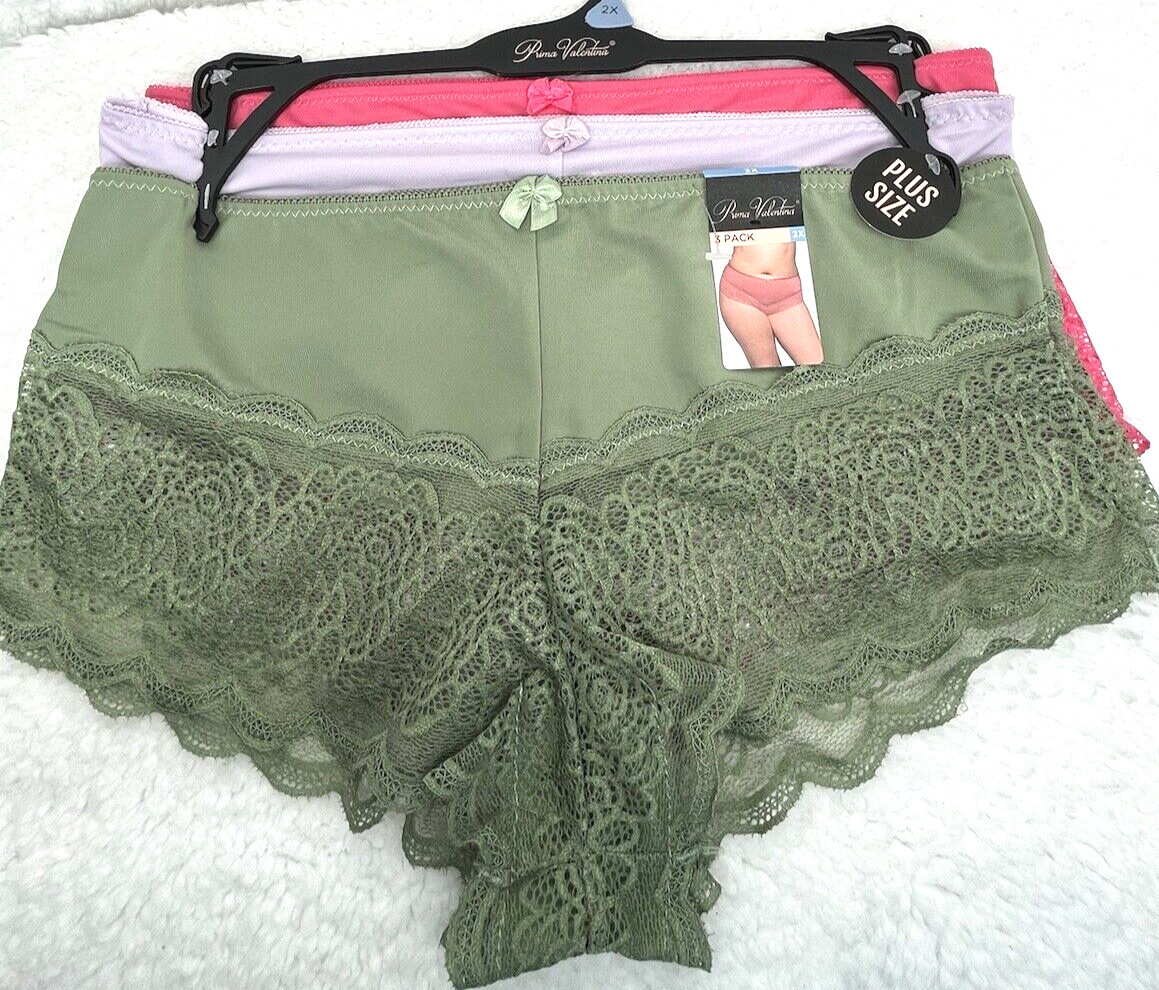 Prima Valentina Women’s Boyshort SZ 2XL 3-Pk Sexy Lace Panties Coral Olive Green