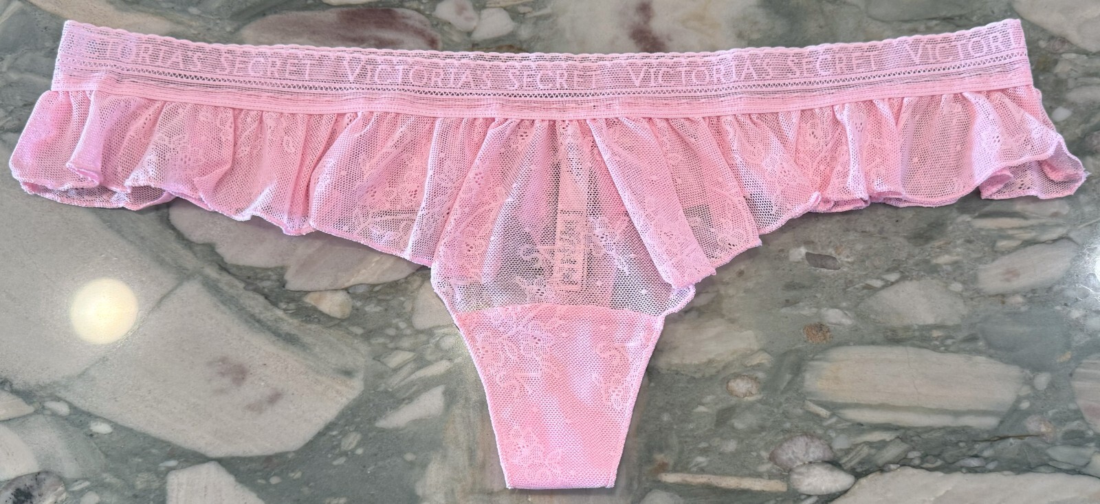 NEW Victoria Secret Logo Waistband Sheer Floral Lace Ruffle Thong Pink Flora XL