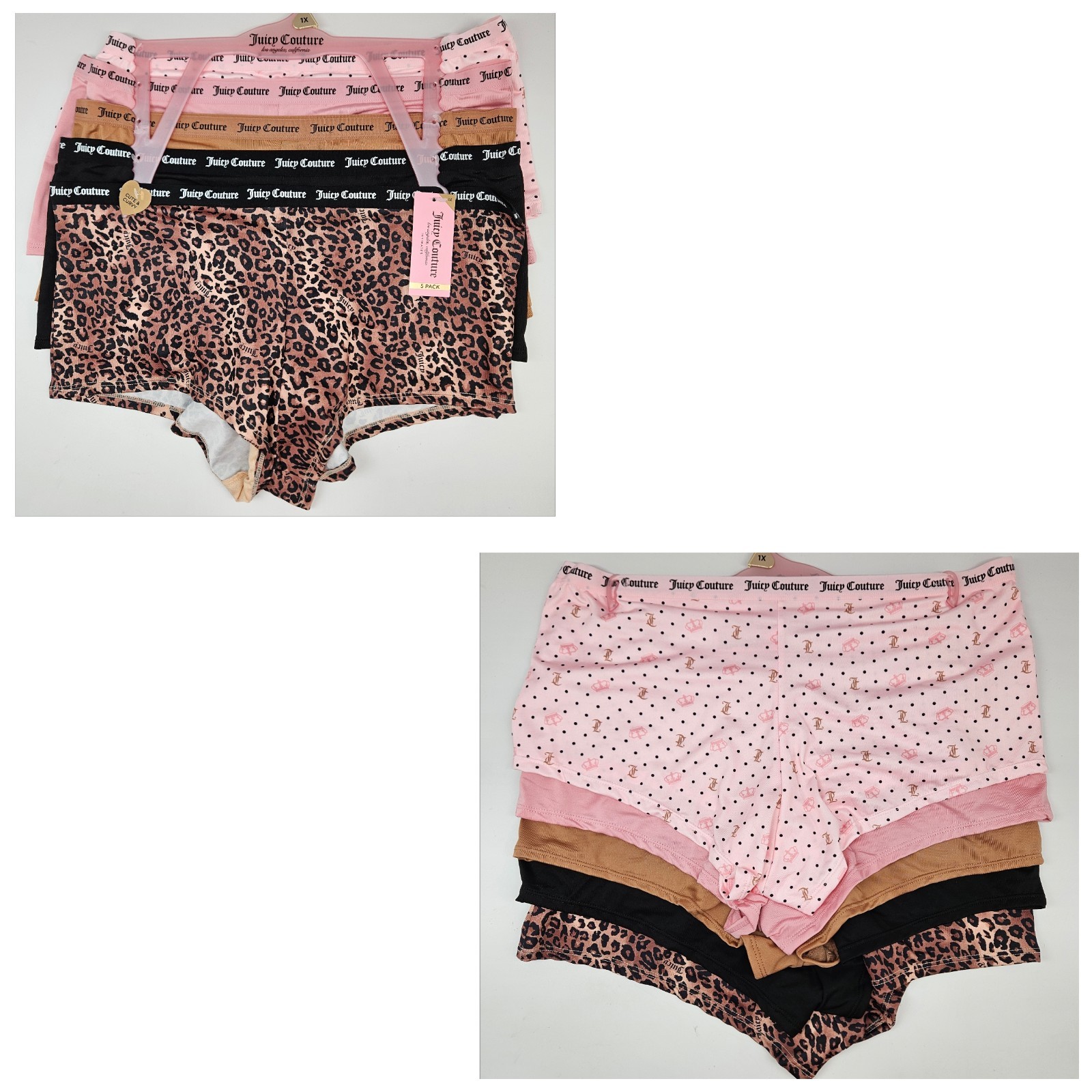 JUICY COUTURE 5 Pack Womens Plus 1X 2X 3X Micro Logo Boy Shorts Pink Brown Black