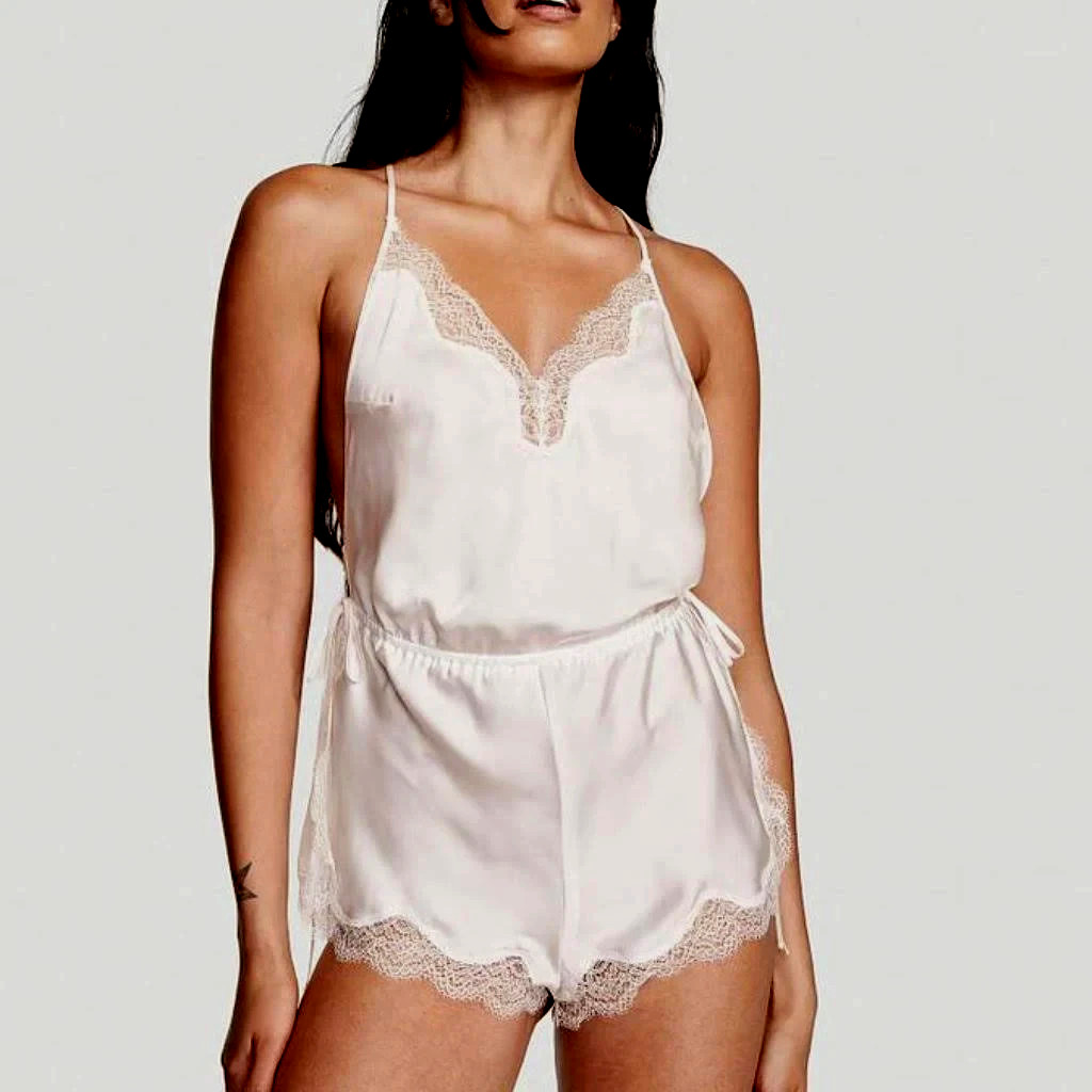 Victorias Secret white romper M Silky Satin Lace Lace-up racer Back Cheeky bride