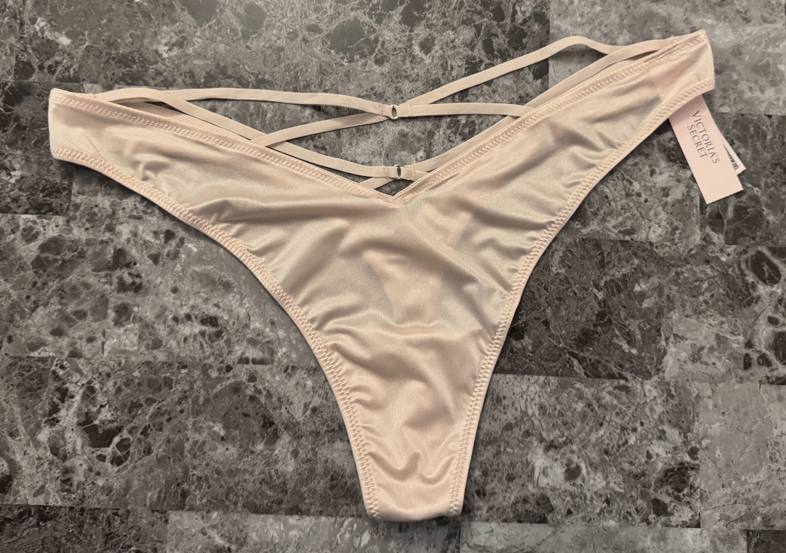 NWT VICTORIA’S SECRET L NUDE SATIN SMOOTH STRAPPY BACK HIGH LEG THONG PANTIES