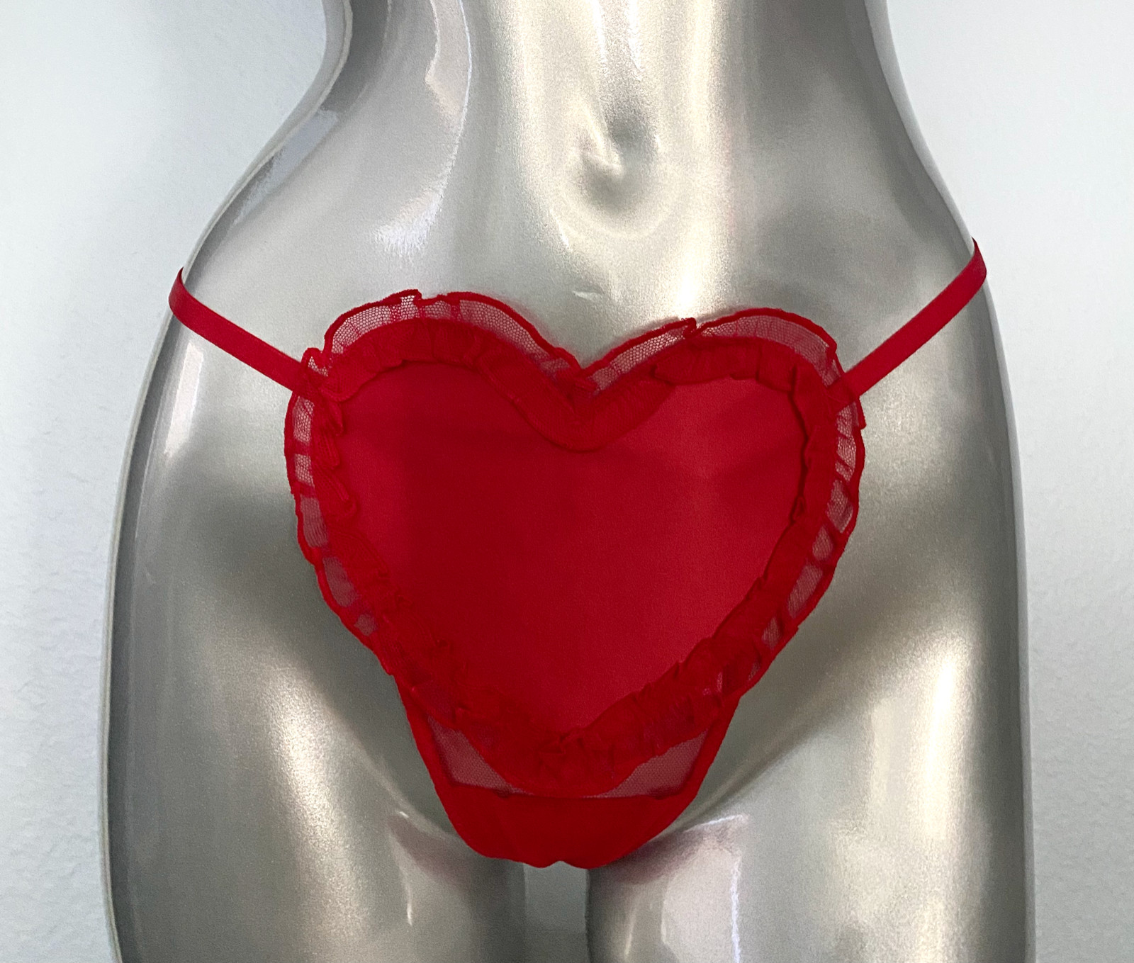 Victoria’s Secret V String Panty Dream Angels Red Satin Ruffle Heart Mesh S M L