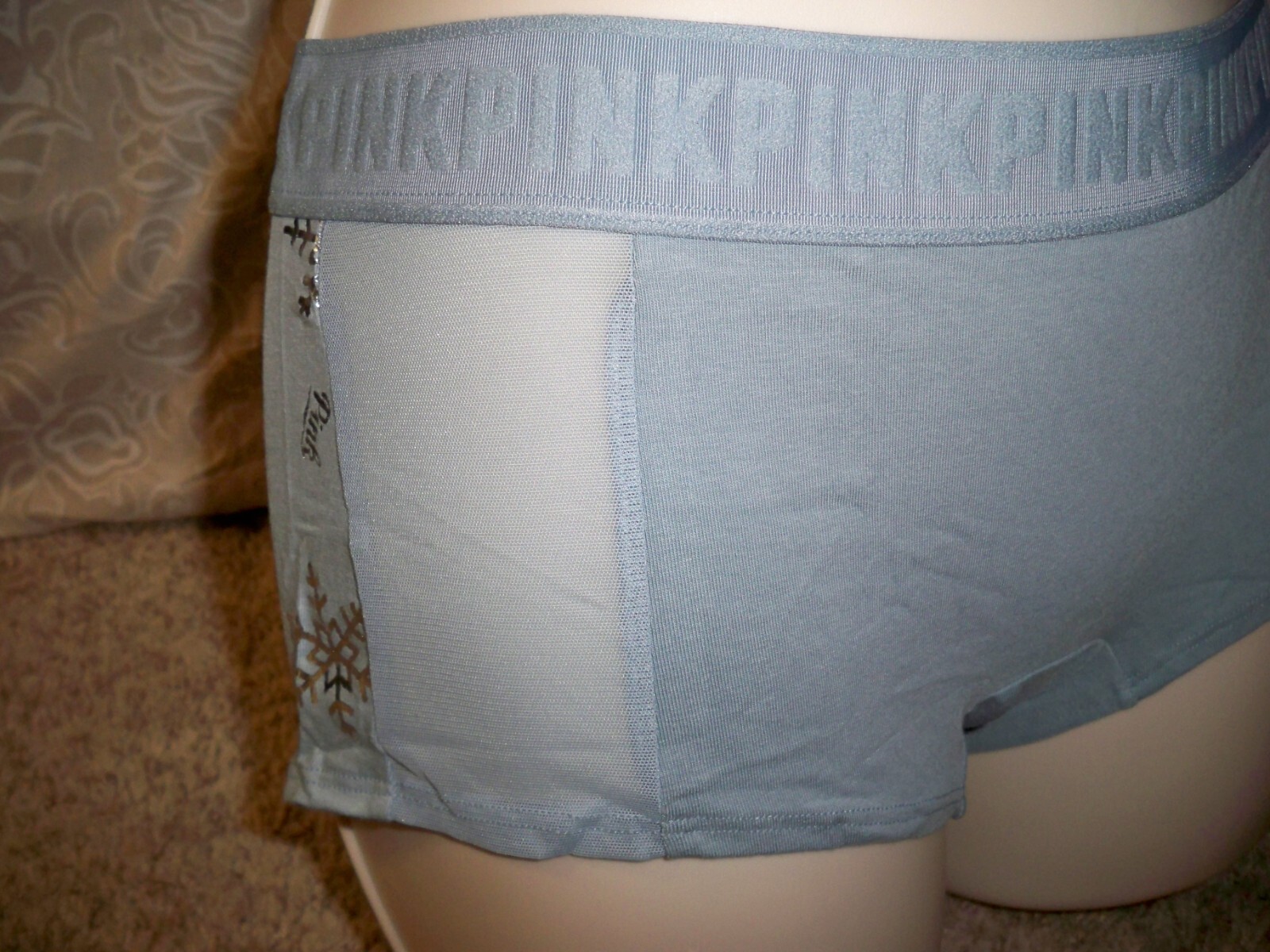 VICTORIAS SECRET HOLIDAY BOYSHORT LARGE MESH PANEL SNOWFLAKE BLUE