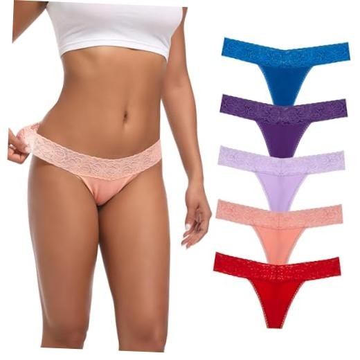 Thongs for Women Sexy Lace Cotton 3X-Large 5 Pcs Lace Cotton Thongs-bright