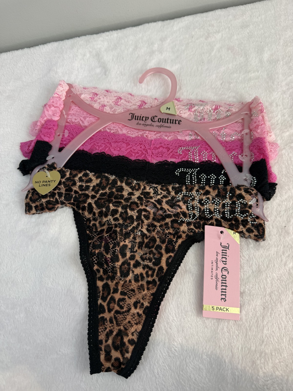 Juicy Couture Intimates 5 Pack Thong Panty Set Size M Lace Leopard New Y2K