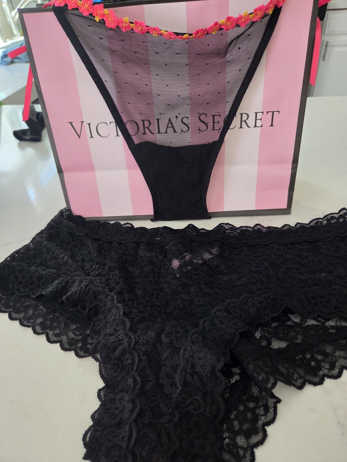 Victoria’s Secret Bikini Panties Lace Mesh Sheer Bow Black Pink 2 Pack Xl