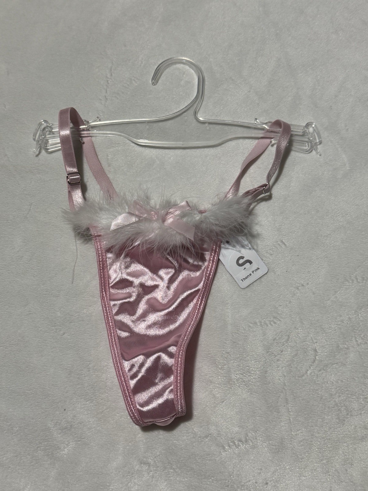 Pink Satin Thong Panty Marabou Feather Trim adjustable Straps Y2K NWT Size S,M