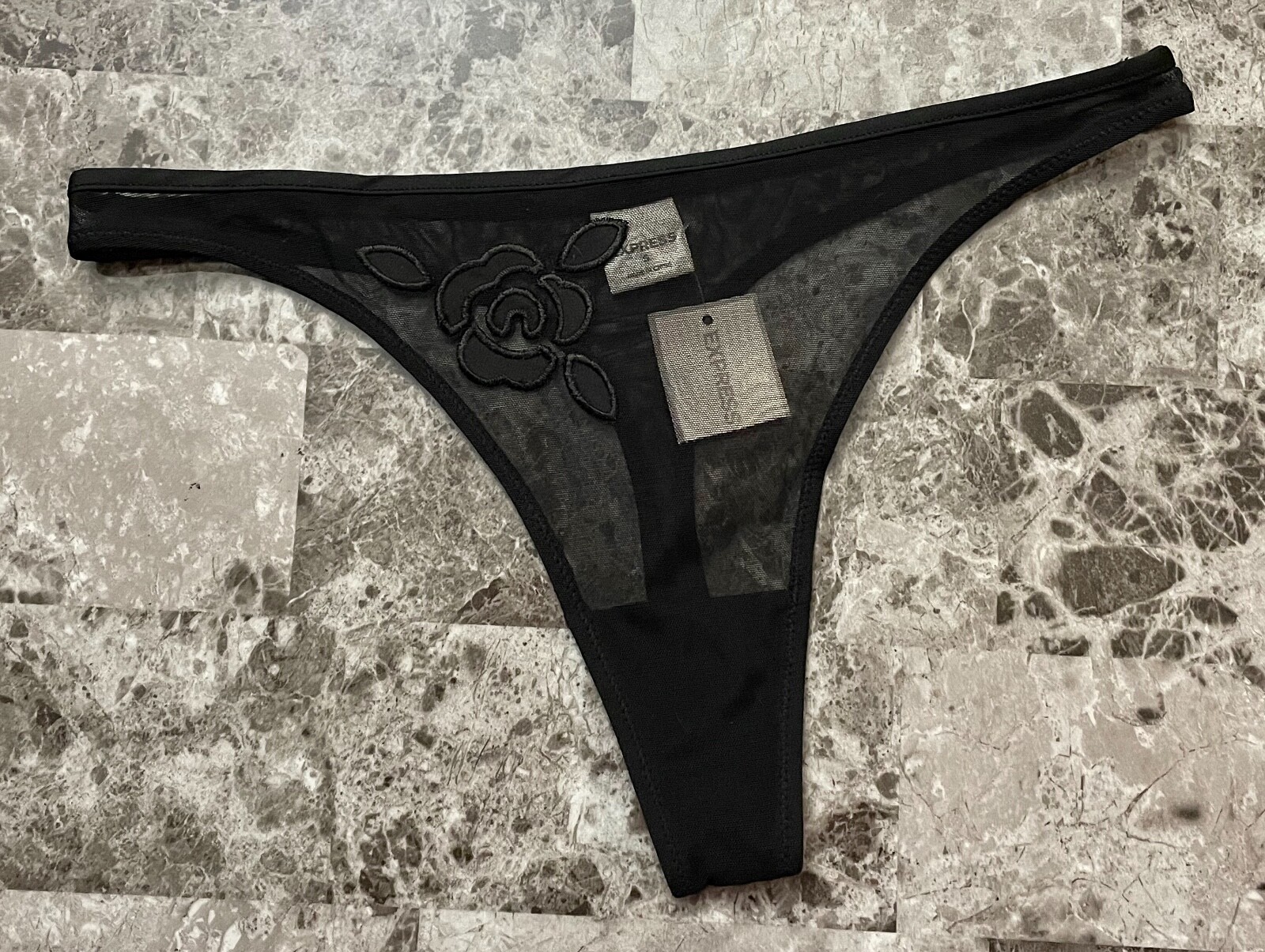 NWT EXPRESS SMALL BLACK SHEER MESH EMBROIDERED FLOWER RARE VINTAGE THONG PANTIES