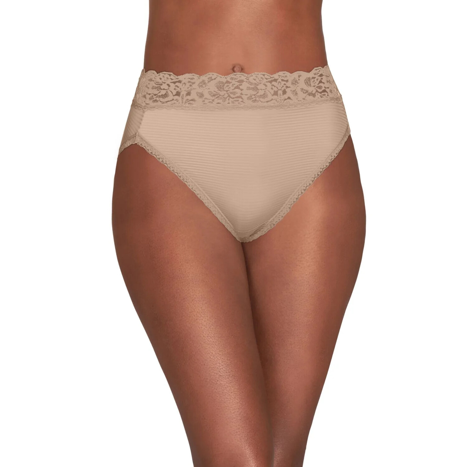 Vanity Fair Flattering Lace Damask Neutral Stripe Beige Hi-Cut Brief Size 8/XL