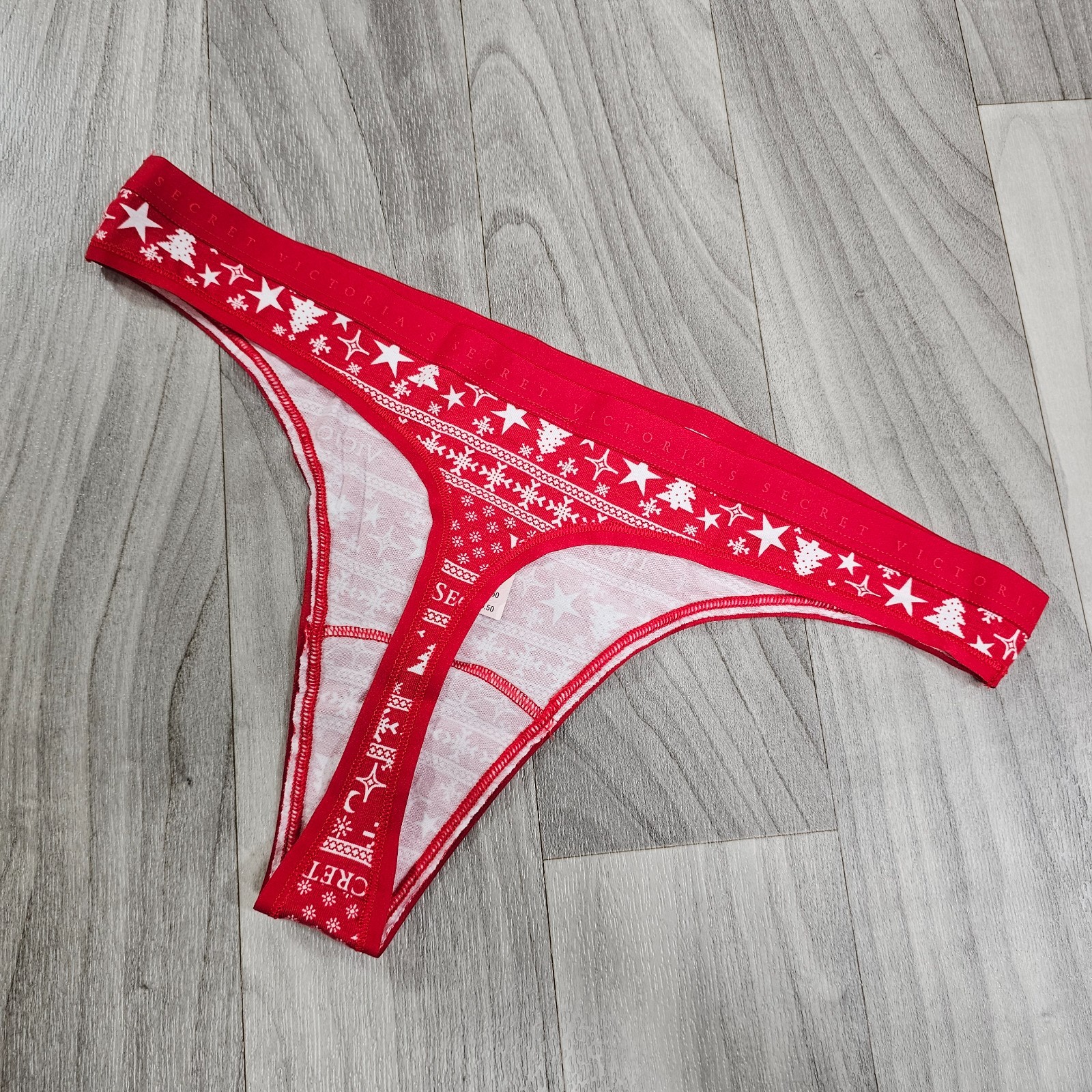Victoria’s Secret Red White Logo Christmas Holiday Festive Thong Panty Size L