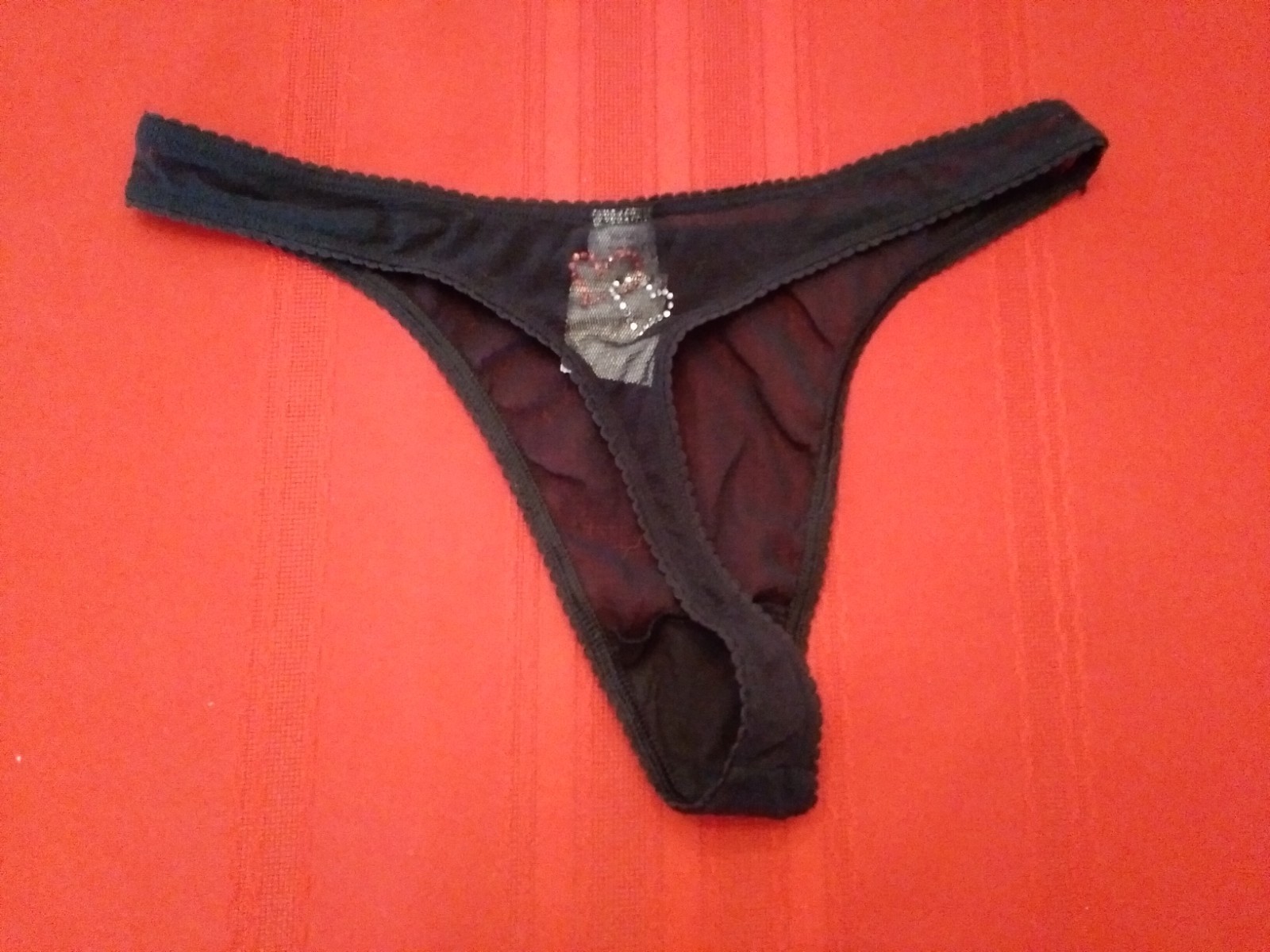 Panties EXPRESS Black Mesh Thong String Panties Large w/Heart Rhinestones