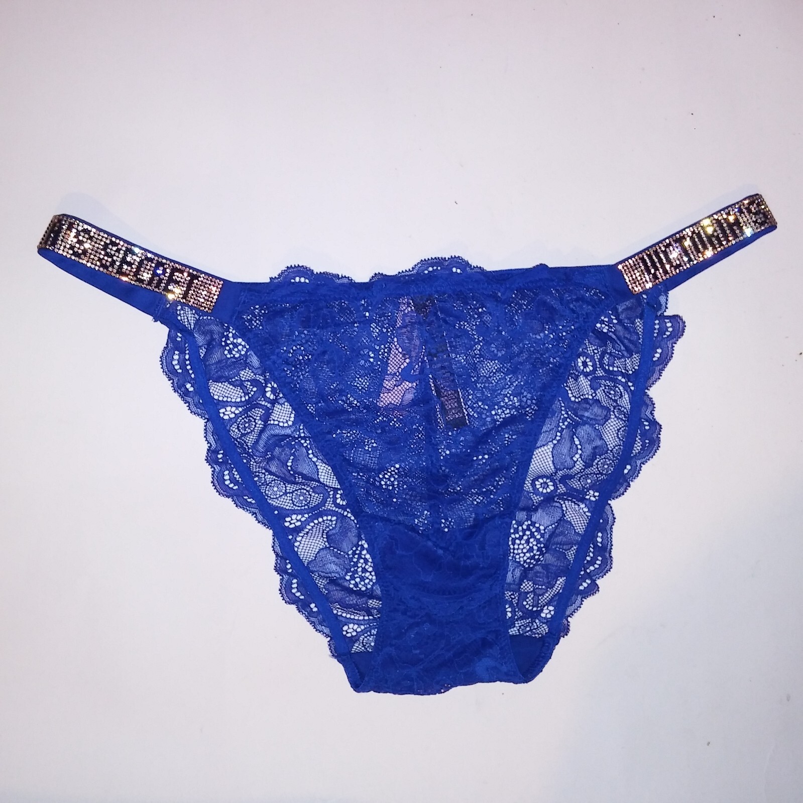 Victoria Secret Panty Bikini Large Shine Strap Blue Logo Rhinestone Bling New