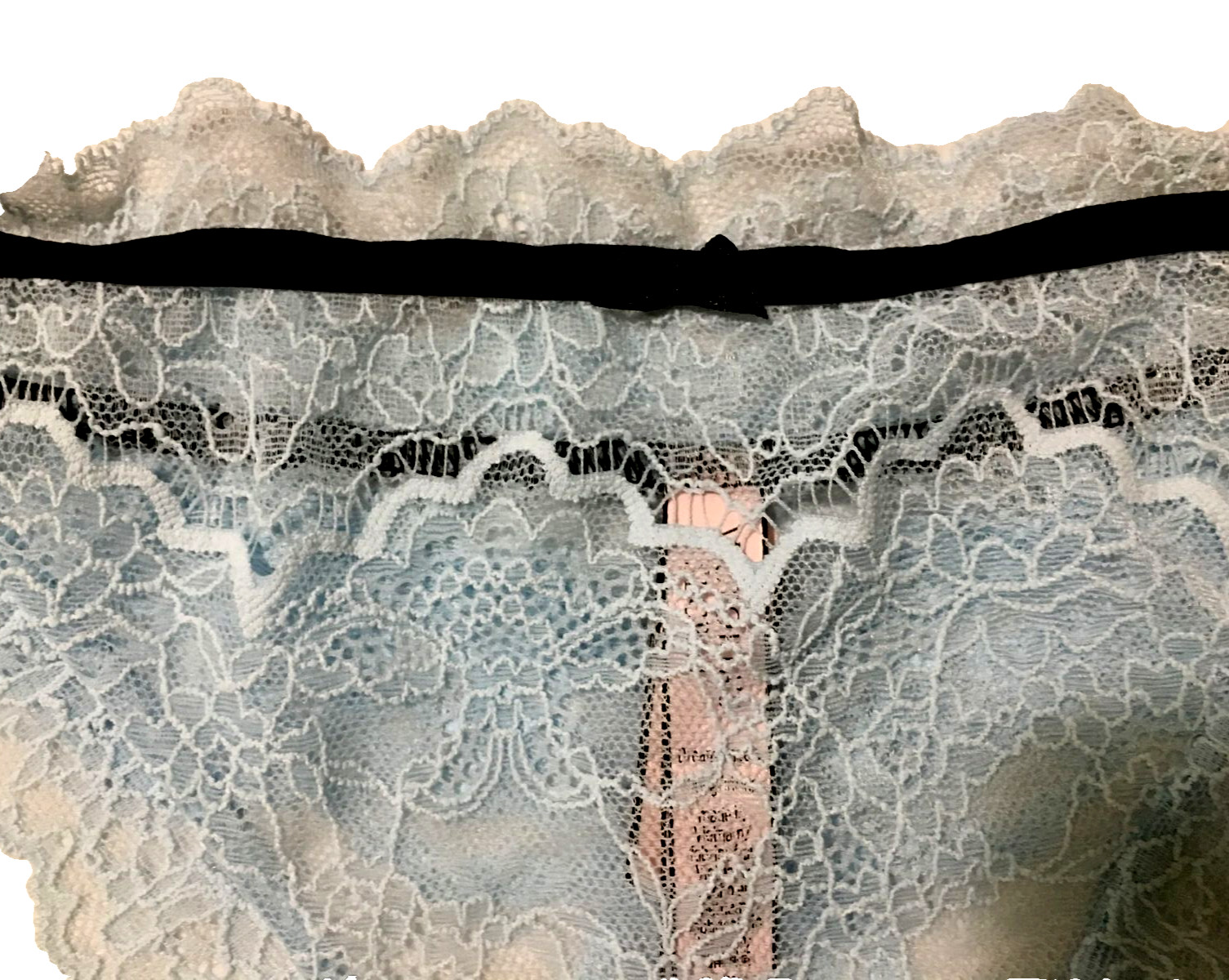 Victorias Secret Dream Angel Powder Blue Lace Thong Panty XL Black Ribbon Trim