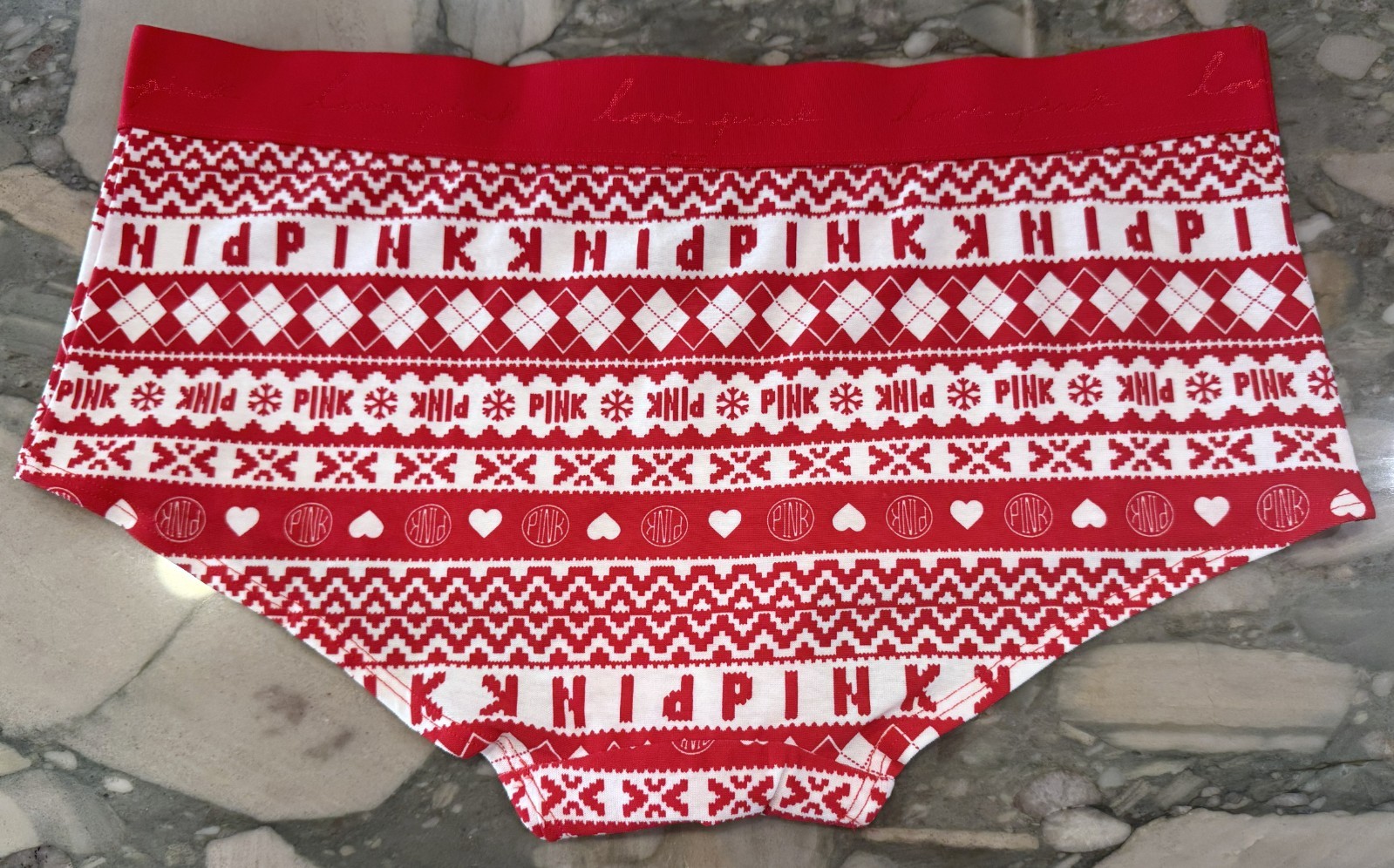 NEW Victoria Secret PINK Cotton Logo Boyshort – Red Pepper Fair Isle – XL or XXL