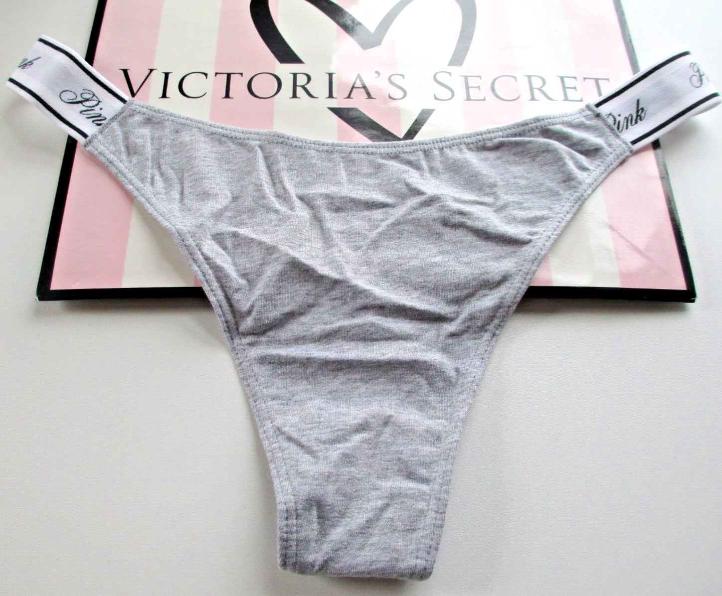 VICTORIA’S SECRET PINK Cotton Logo High Leg Thong Panty S M L XL Gray VS Heather
