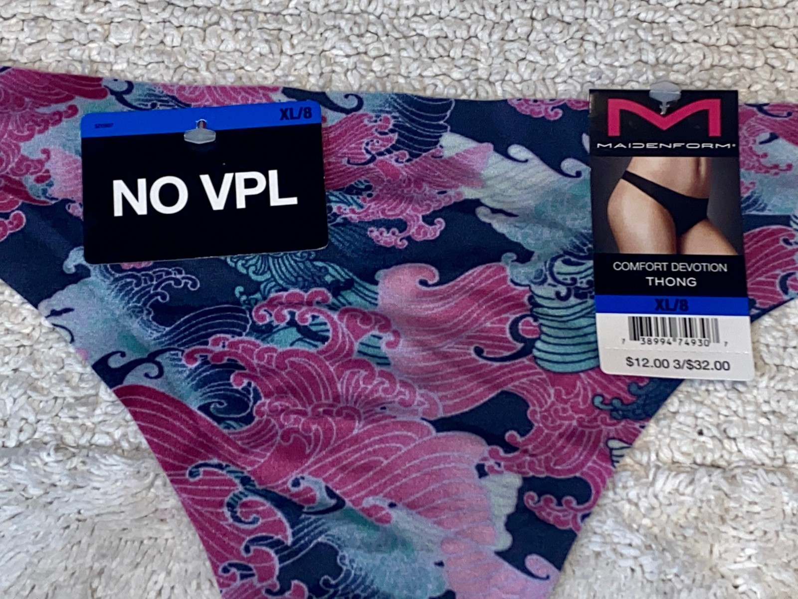 MAIDENFORM Comfort Devotion Tailored Floral Blue Pink Thong Panty Womens Sz XL 8