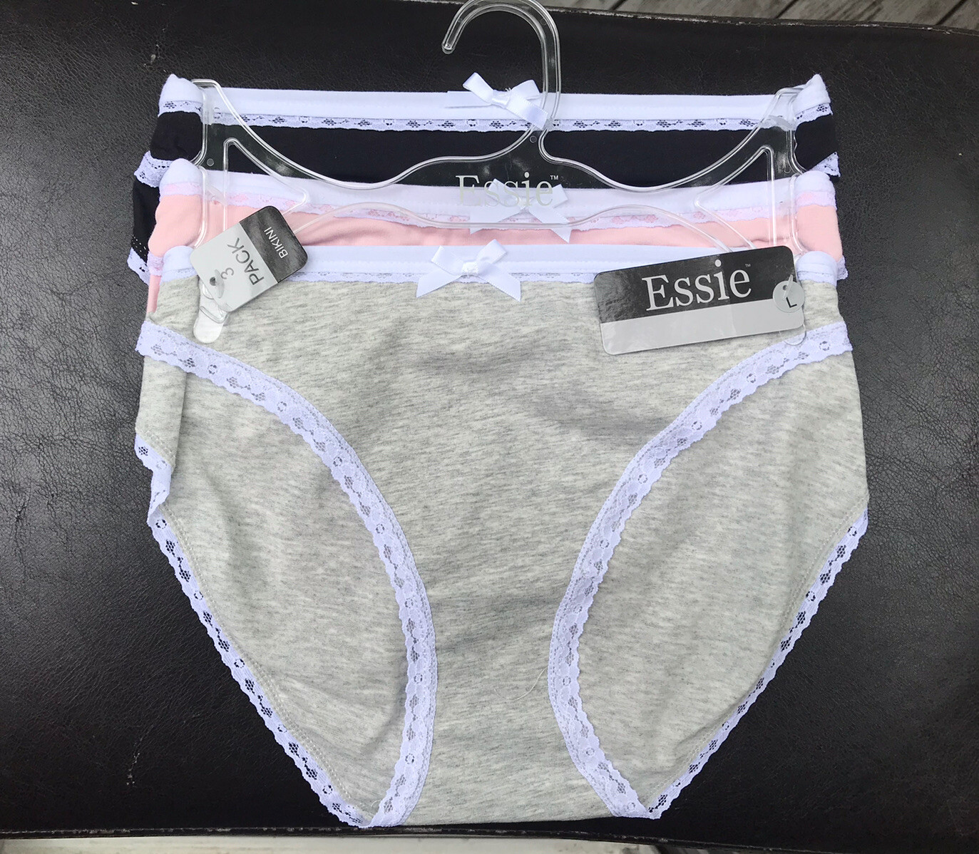new Essie 3 pack bikini underwear gray pink black cotton Stretchy lace Large L