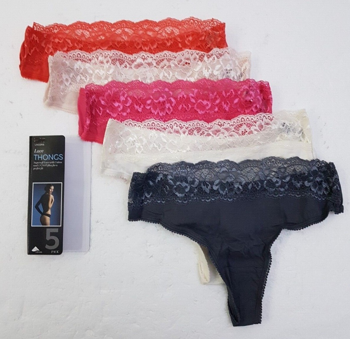 Ex M & S Ladies 5 Pack Cotton Modal Lycra Lace Thongs Briefs Knickers Underwear