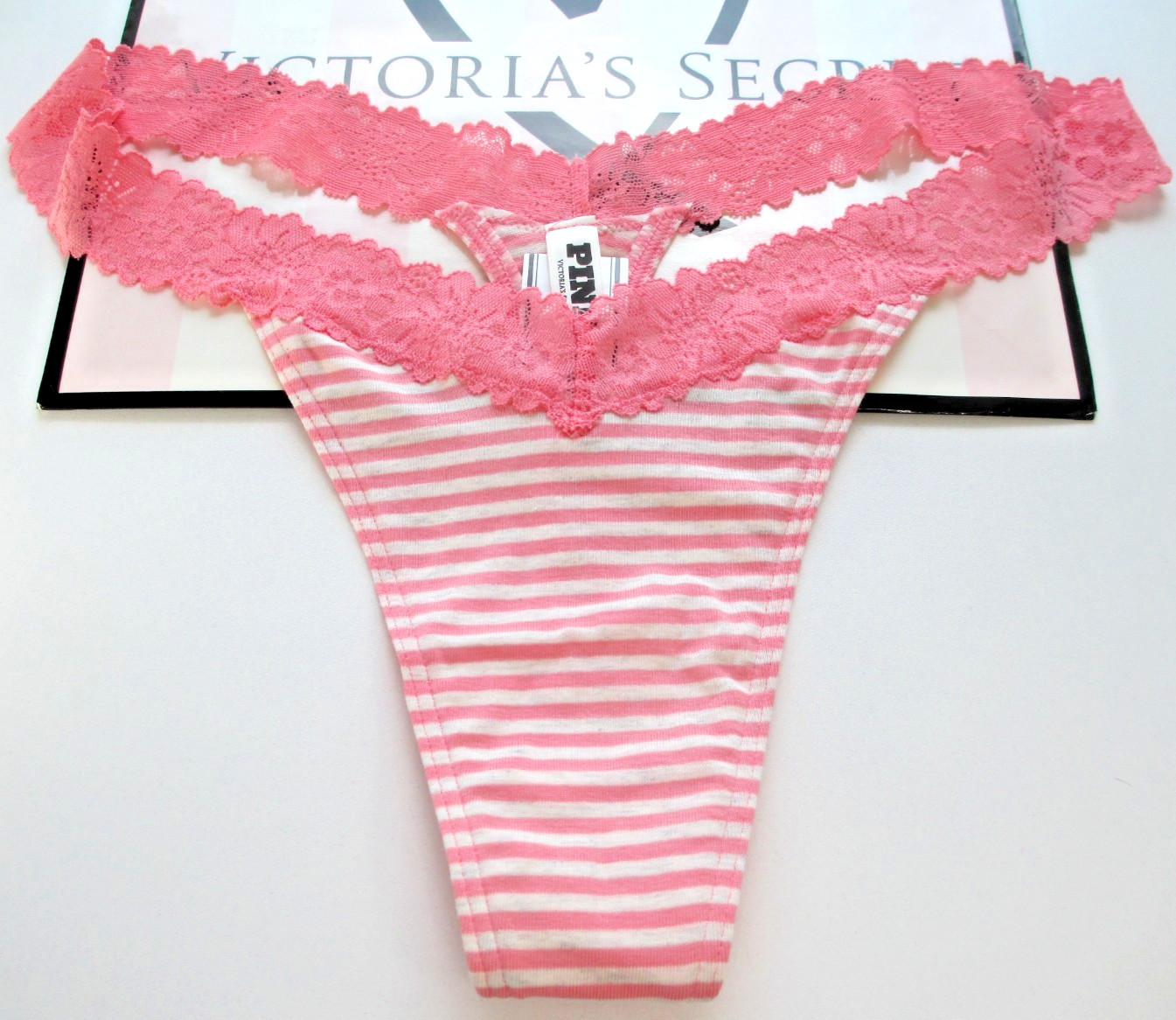 VICTORIA’S SECRET PINK Cotton High Leg Thong Panty S M L XL Pink Stripe NWT Lace