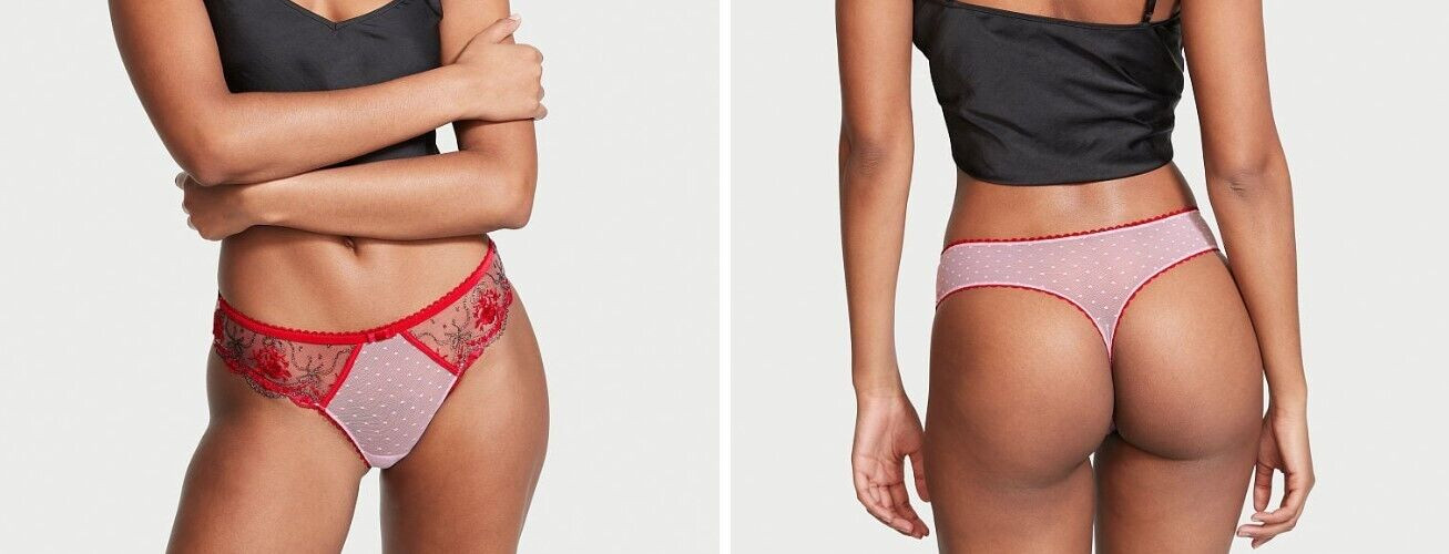 Victoria’s Secret Very Sexy Red Polka Dot Mesh Metallic Thong Panties Size XS