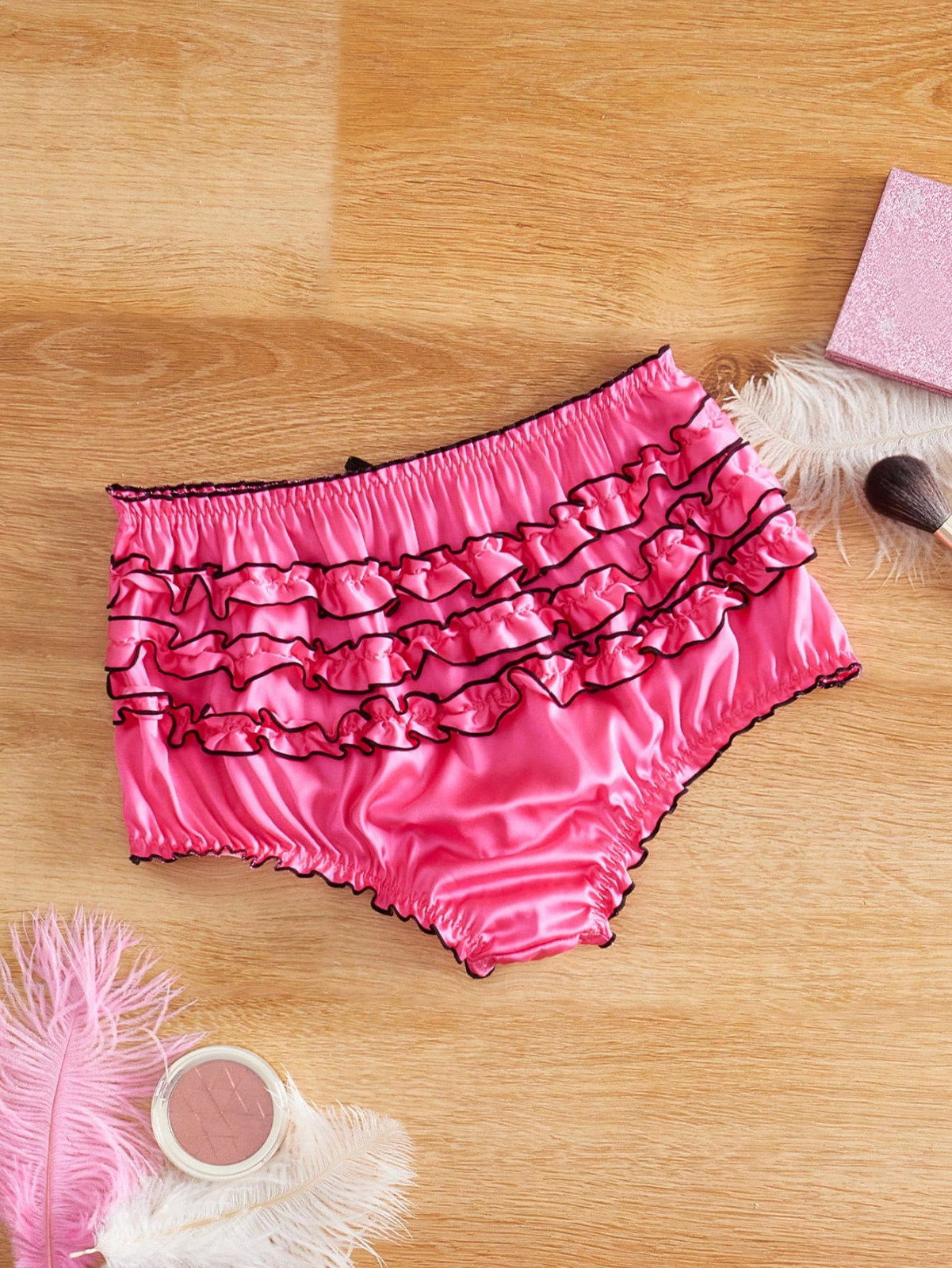 Women’s Kawaii Hot Pink Fuchsia Sexy Cute Sissy Frilly Ruffle Satin Brief Panty