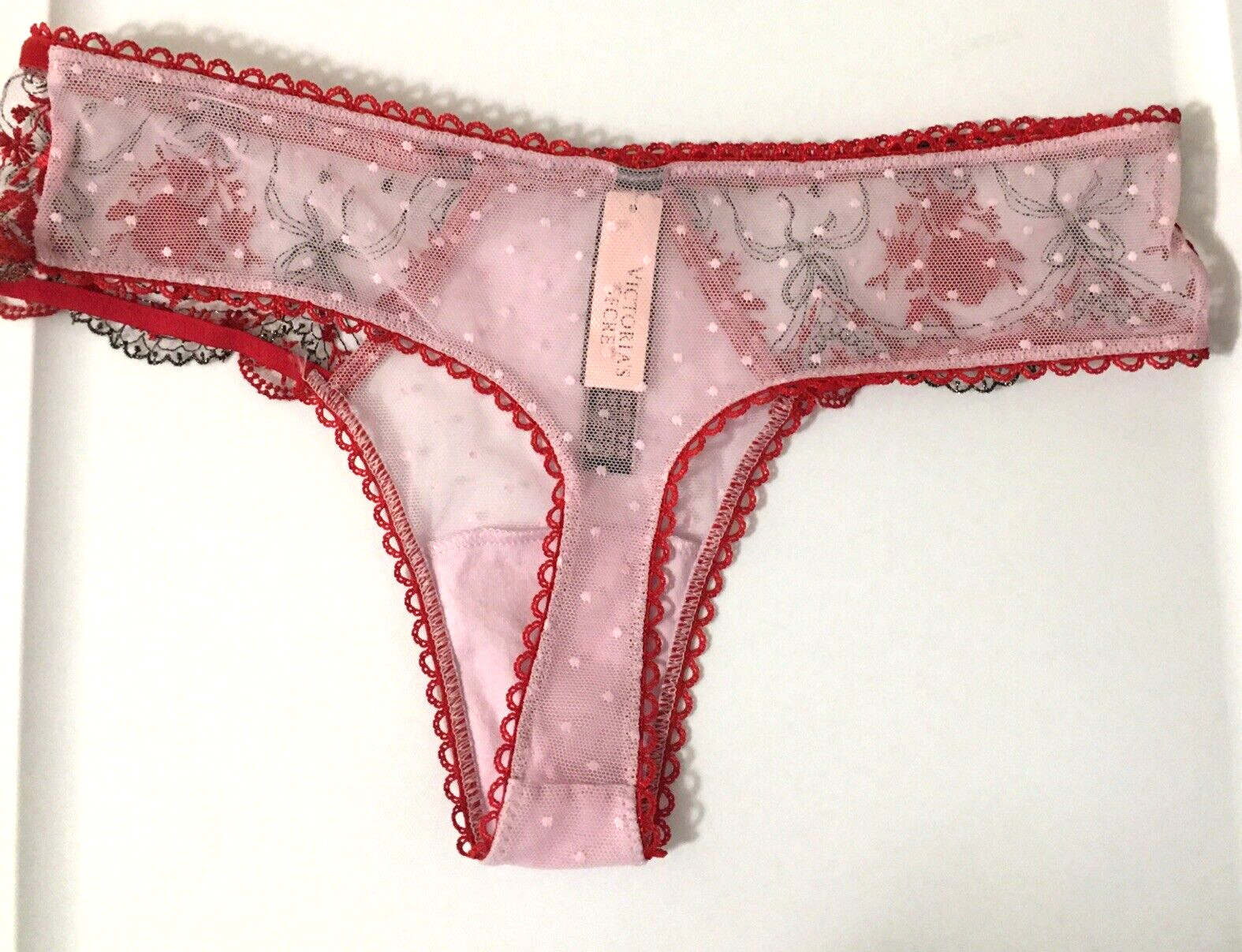 Victoria’s Secret Very Sexy Red Polka Dot Mesh Metallic Thong Panties Size XS
