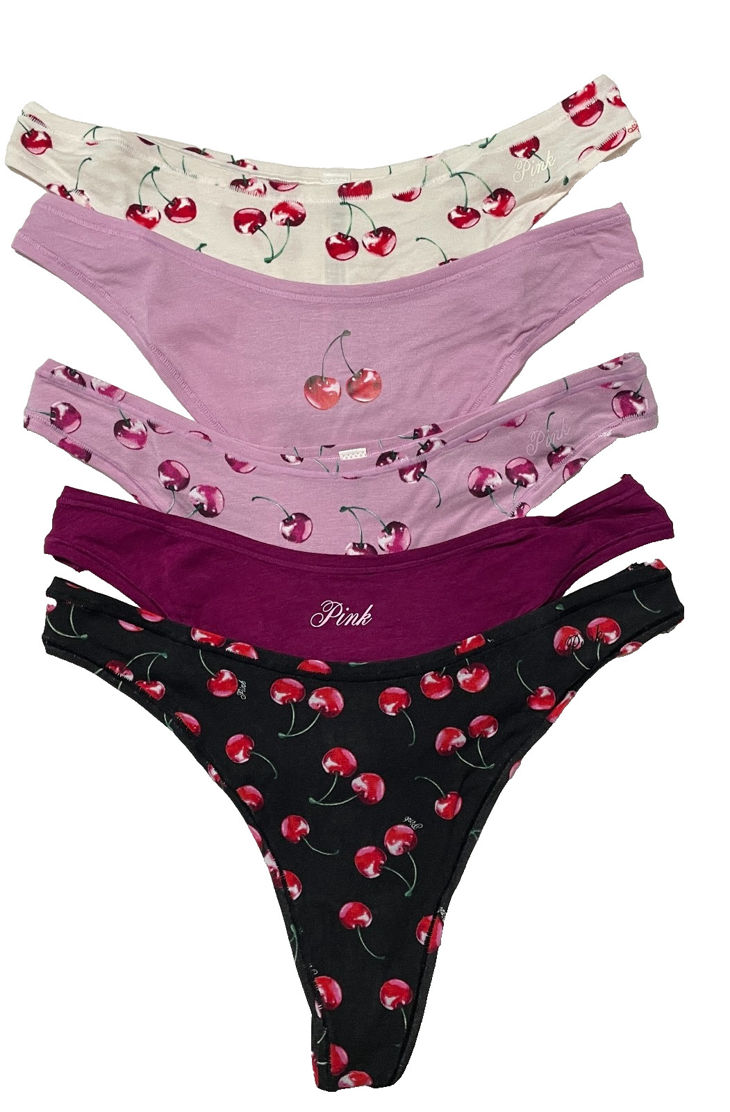 Victoria Secret PINK Thongs Womens Medium 5 Pairs Valentine’s Day Cherries