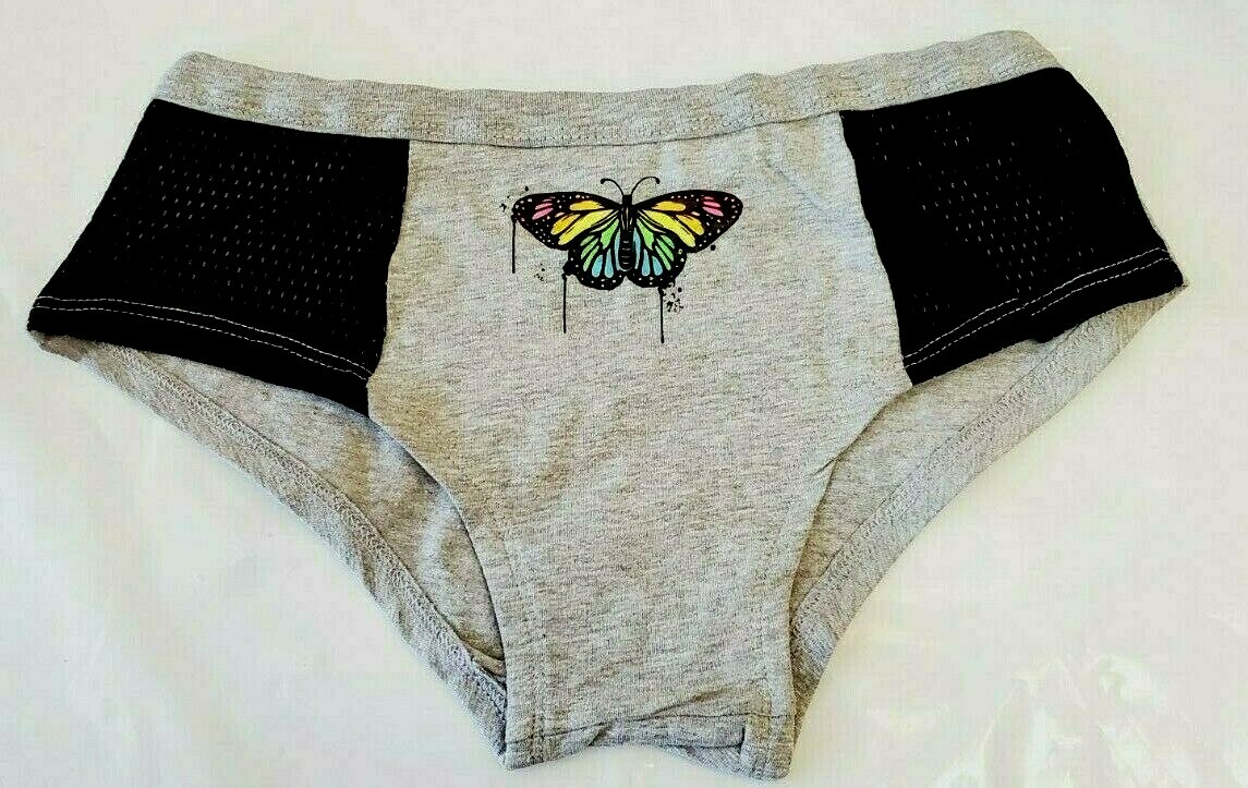 Rue 21 Women’s Bikini Panties MEDIUM Gray W Neon Butterfly Mesh Front Panels New