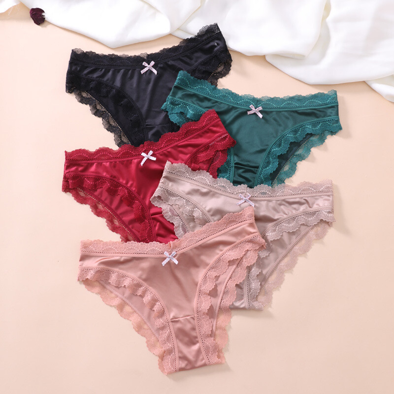 5PCS/LOT Sexy Womens Satin Panties Briefs Lace Trim Underwear Lingeries Hipster