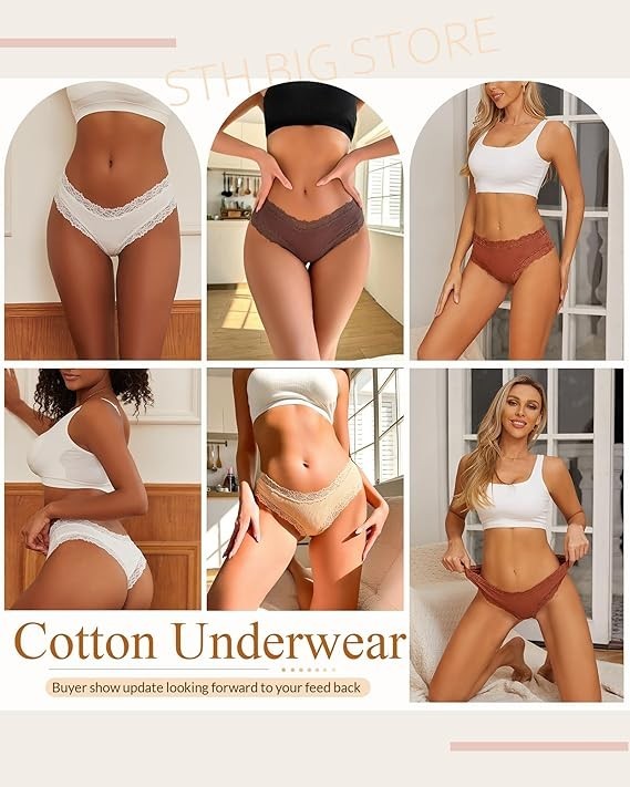6Pcs Cotton Underwear for Women Lace Cheeky Bikini Panties Stretch Ladies Soft