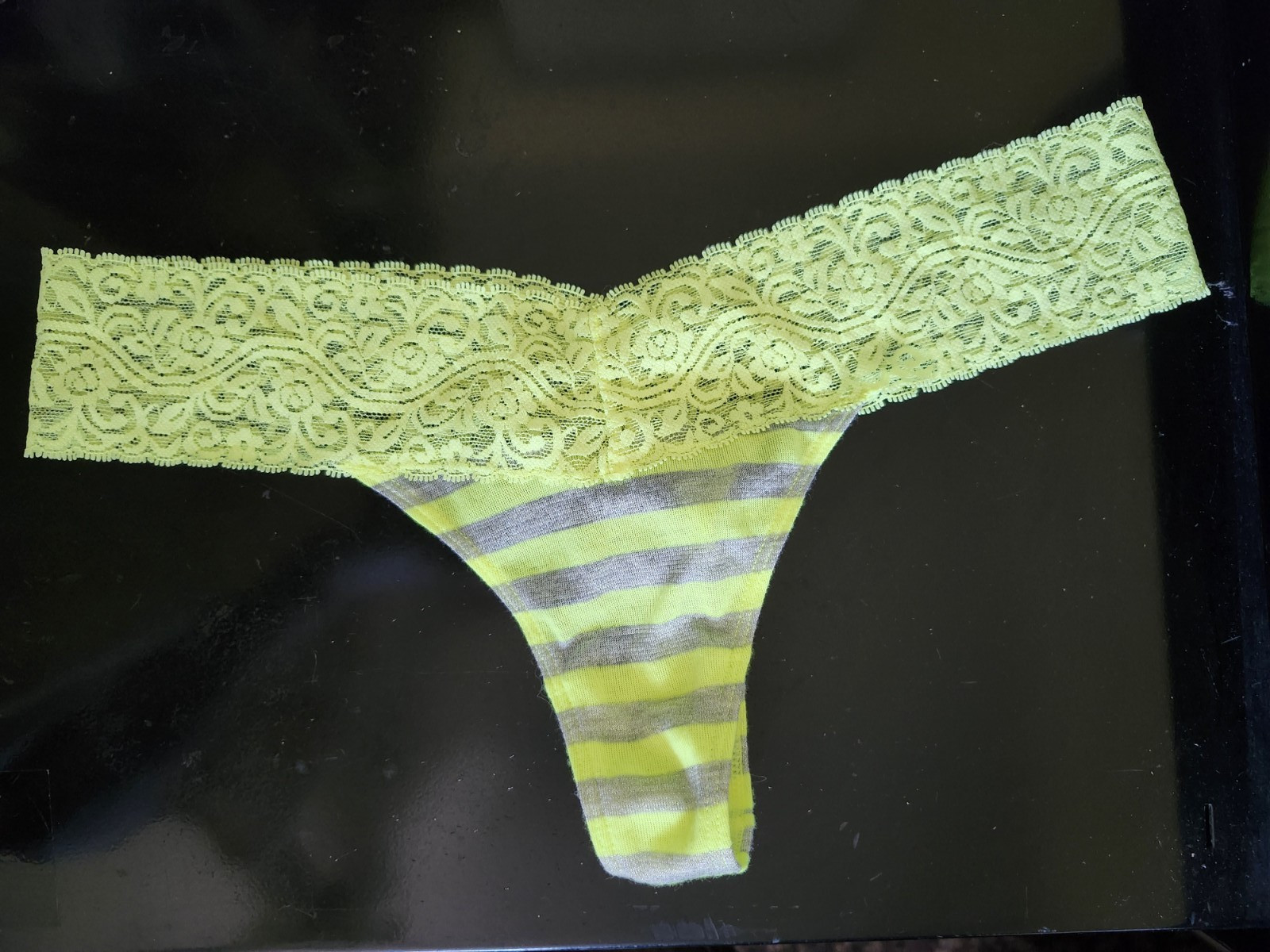 EXPRESS Women’s LACE THONG Panty Small S Neon Green Shimmer Grey Stripes NEW!