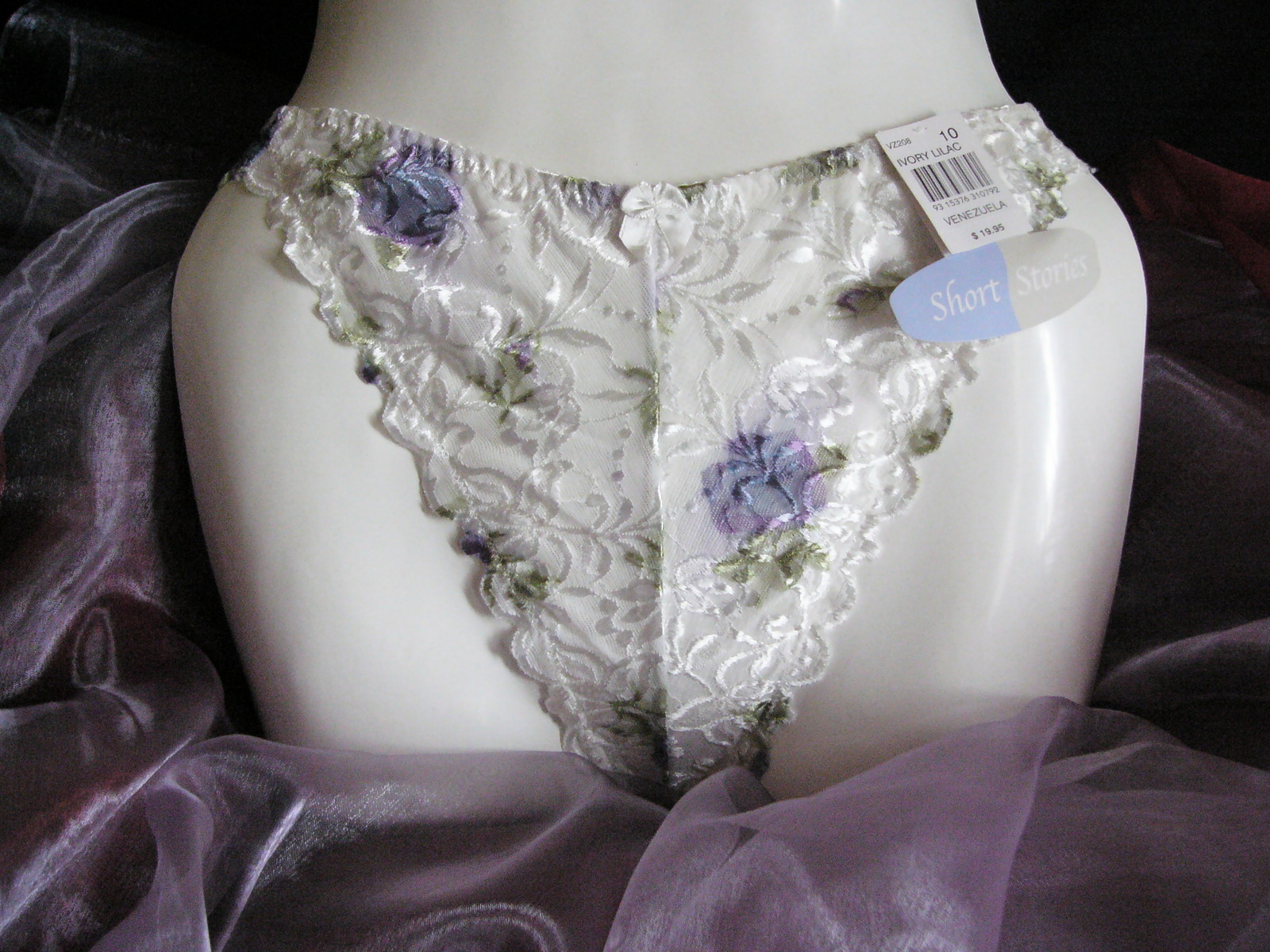 Short Stories white ivory lace thong knickers with purple floral pattern Size 12