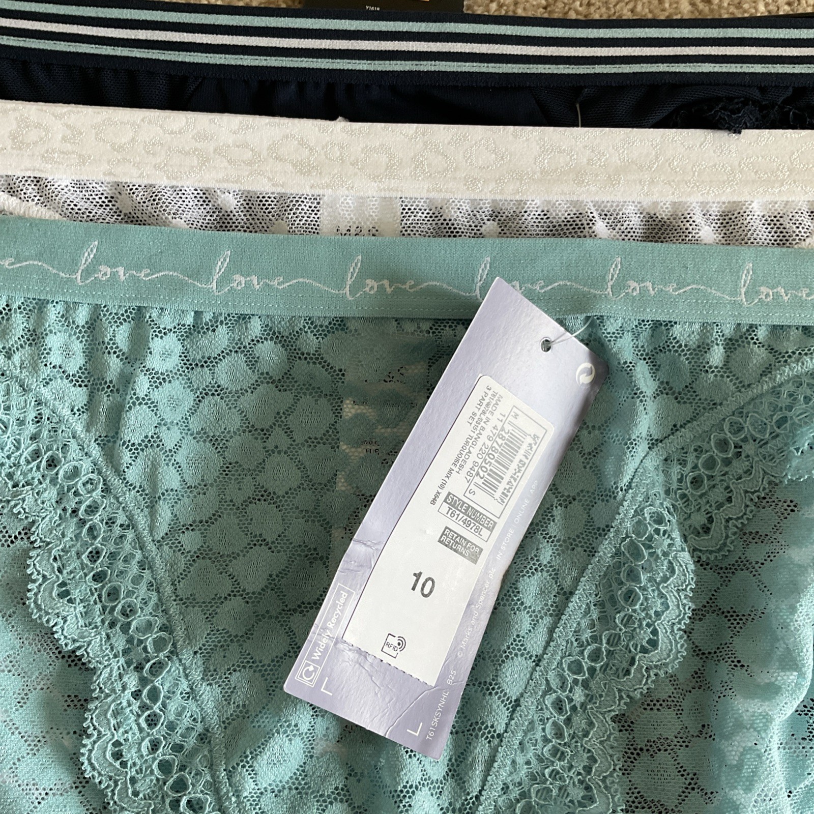 RRP £14 M&S 3 Pack Size 10 Ladies Love High Leg Knickers Turquoise Lace Mesh
