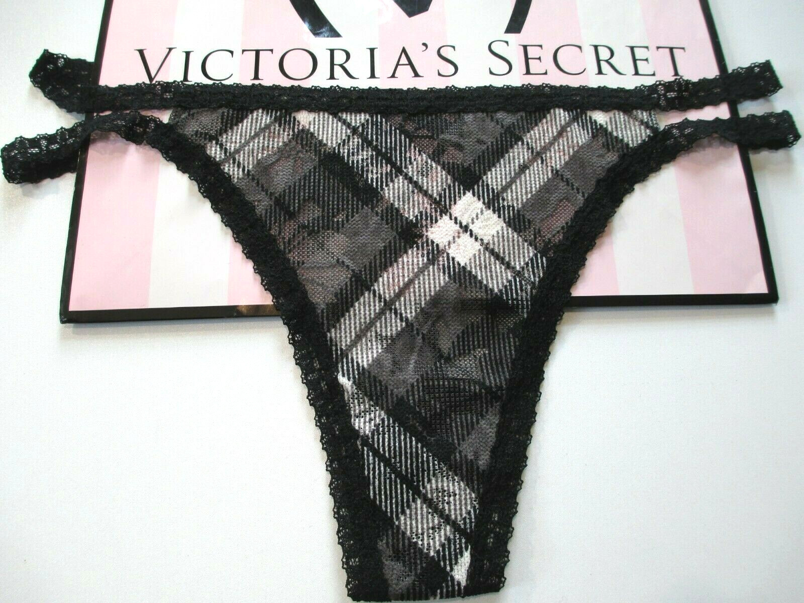 VICTORIA’S SECRET PINK Strappy Thong Panty S M Black White Plaid VS FREE SHIP 4+