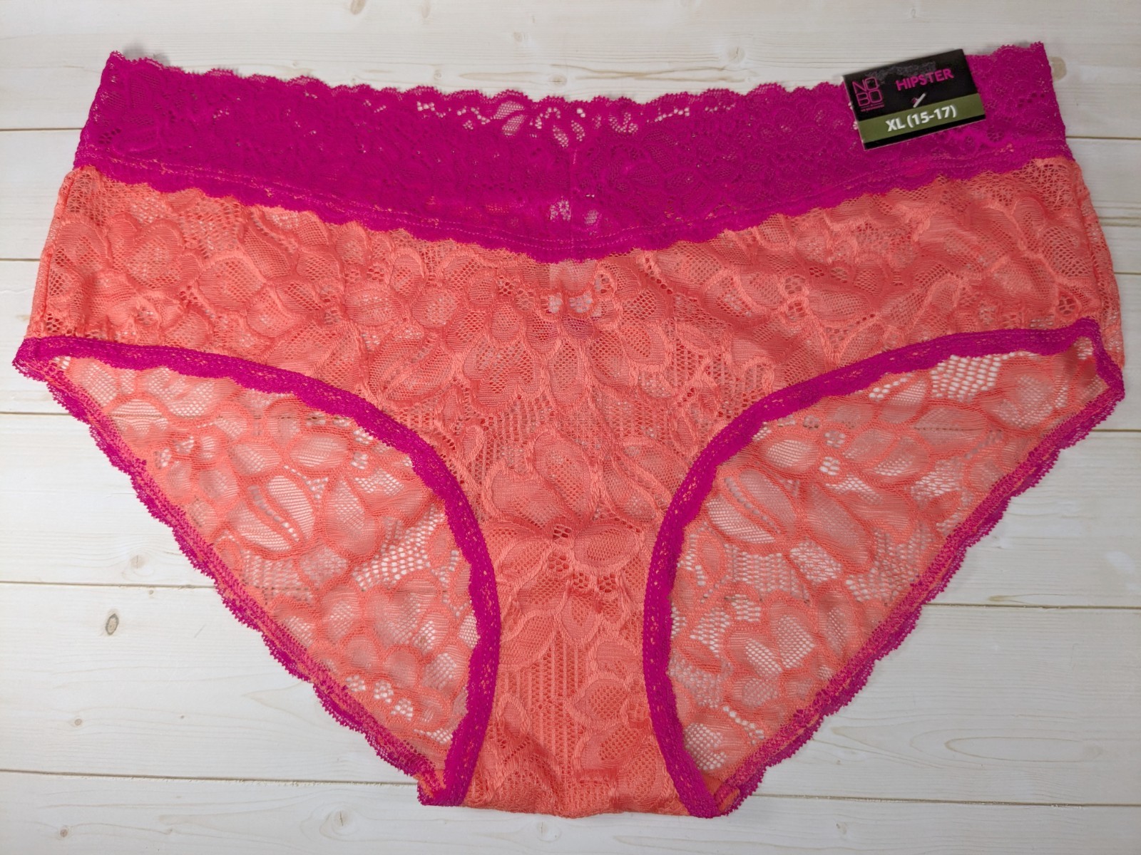 NWT No Boundaries Size XL (15-17) Orange Pink Sheer Stretch Lace Hipster Panties