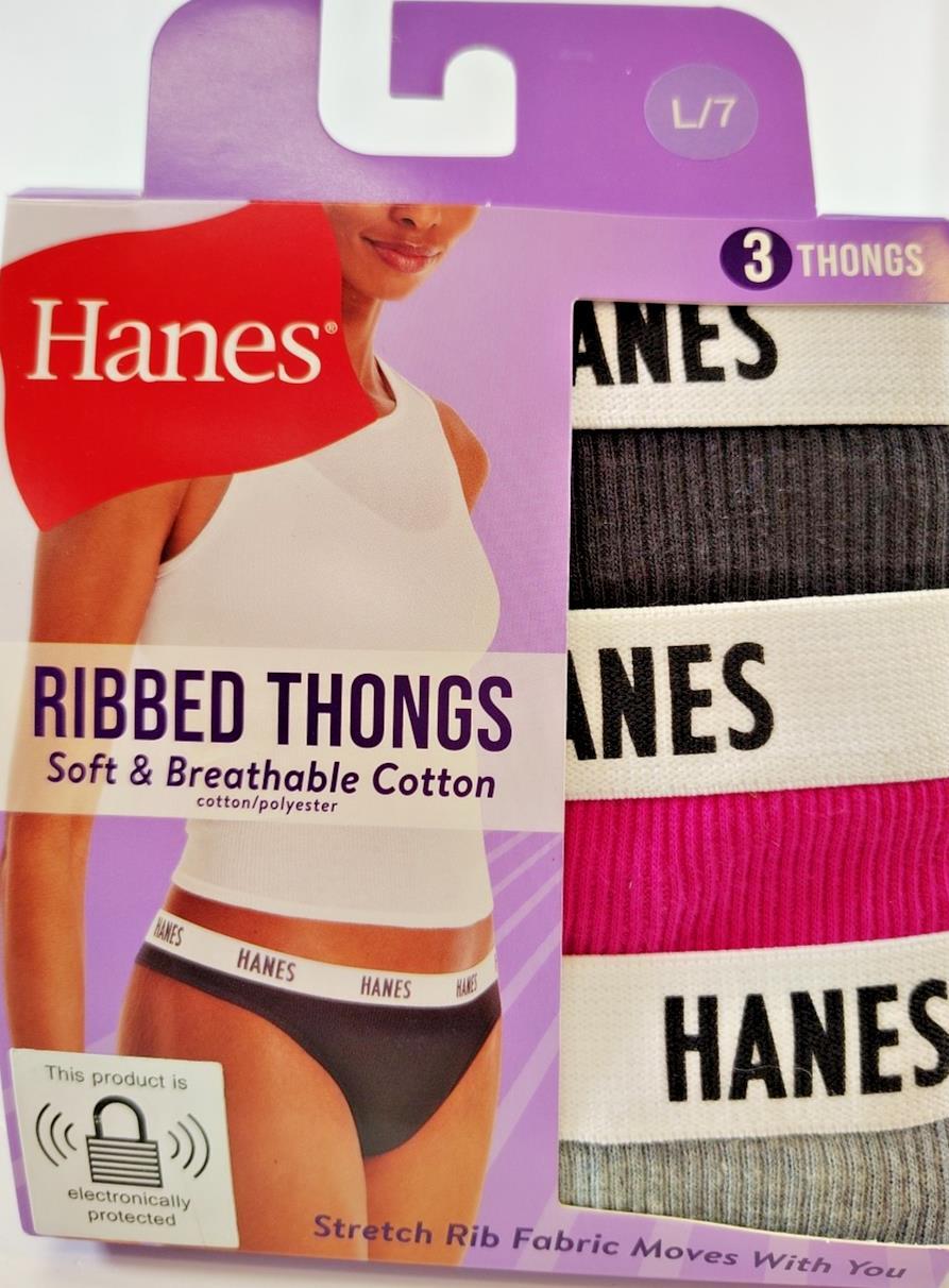 L/7 Hanes Ribbed Thong Underwear Soft & breathable cotton 3 PACK