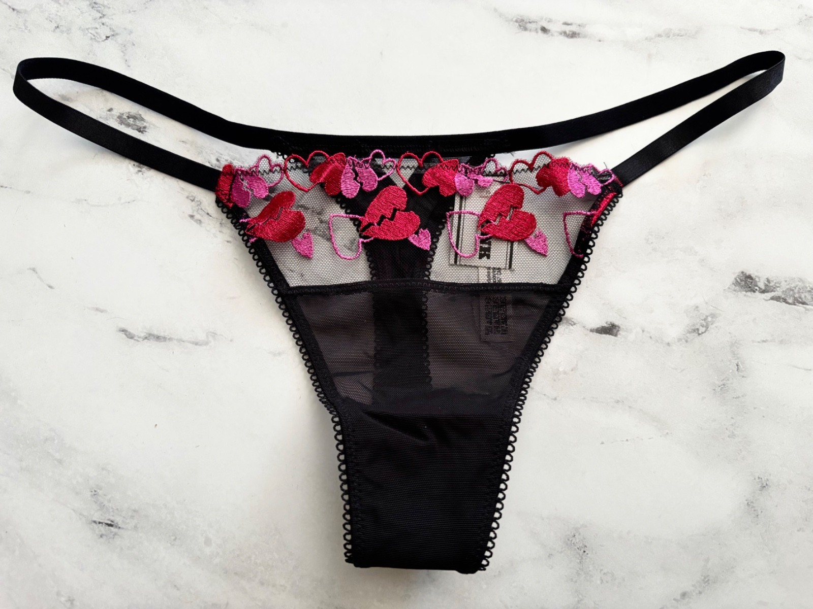 PINK Victoria’s Secret String Thong Panty Black Mesh Heart Wink S M XL 2XL